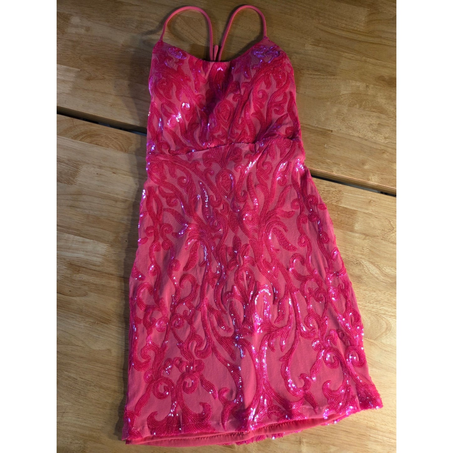 City Vibe neon pink bodycon spaghetti strap lace back dress stretch Mini 7