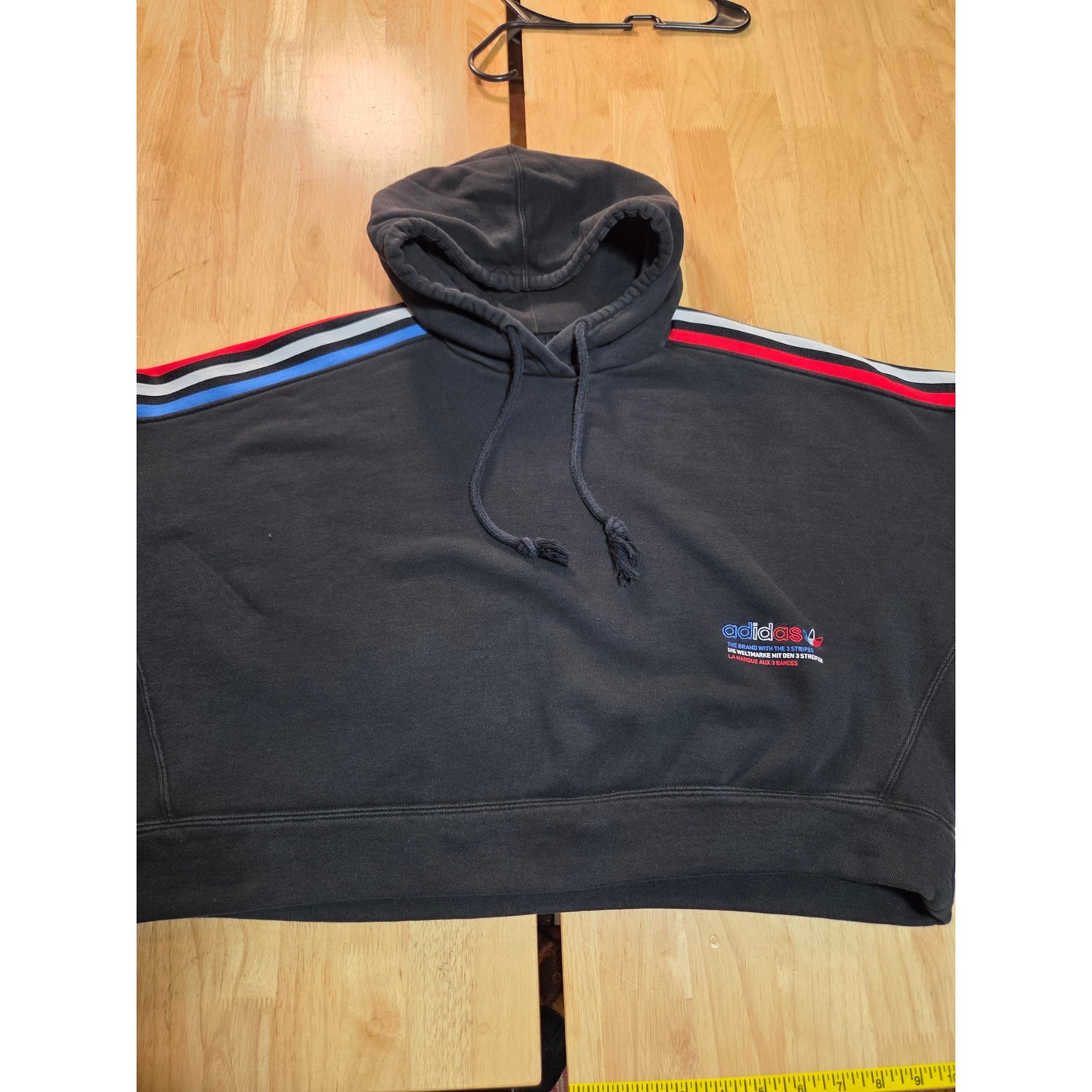 Adidas Originals navy blue cropped hoodie red white and blue logo embroidery L