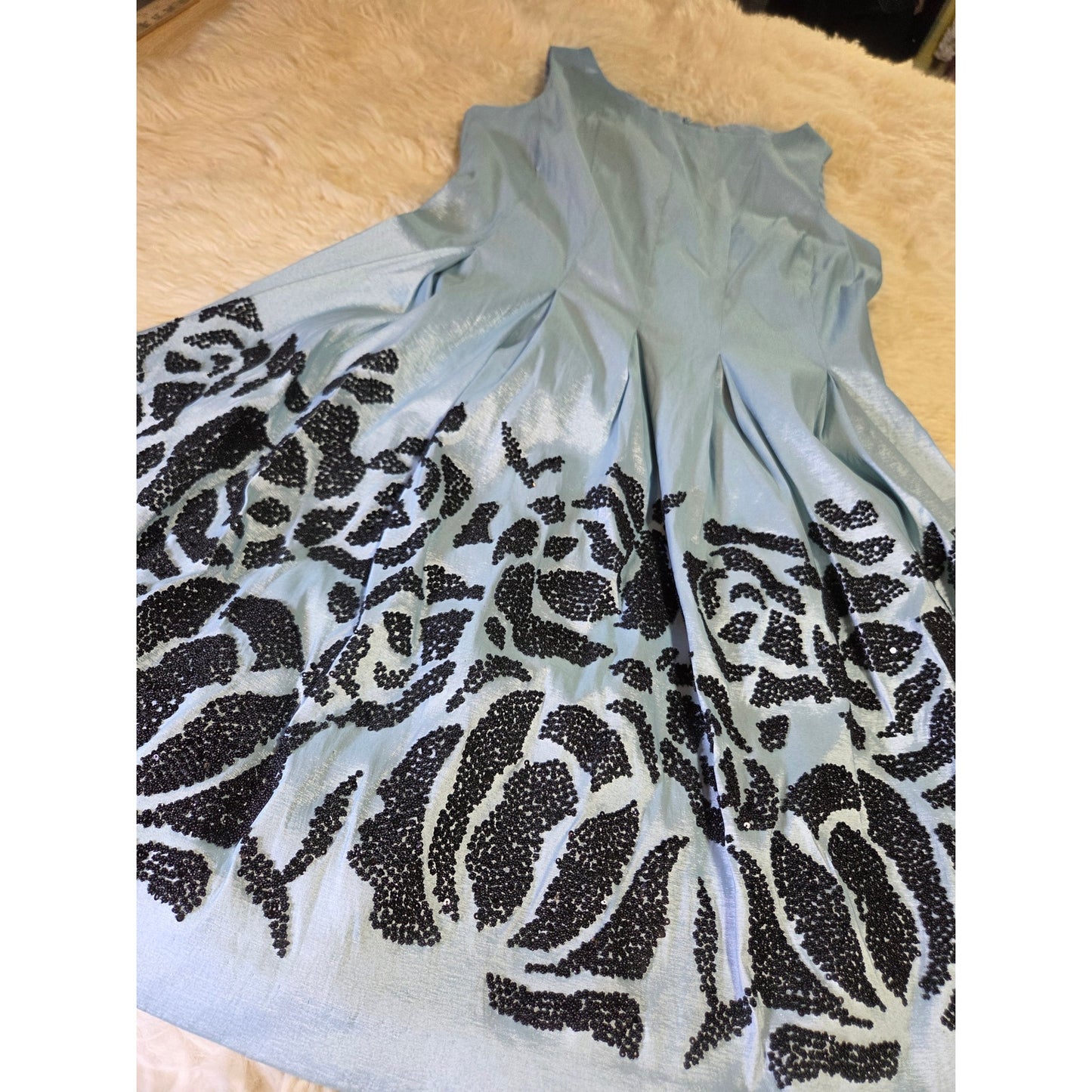 Baby Blue Sleeveless Black Sequin Embellishments Tea Length Fit Flare Princess