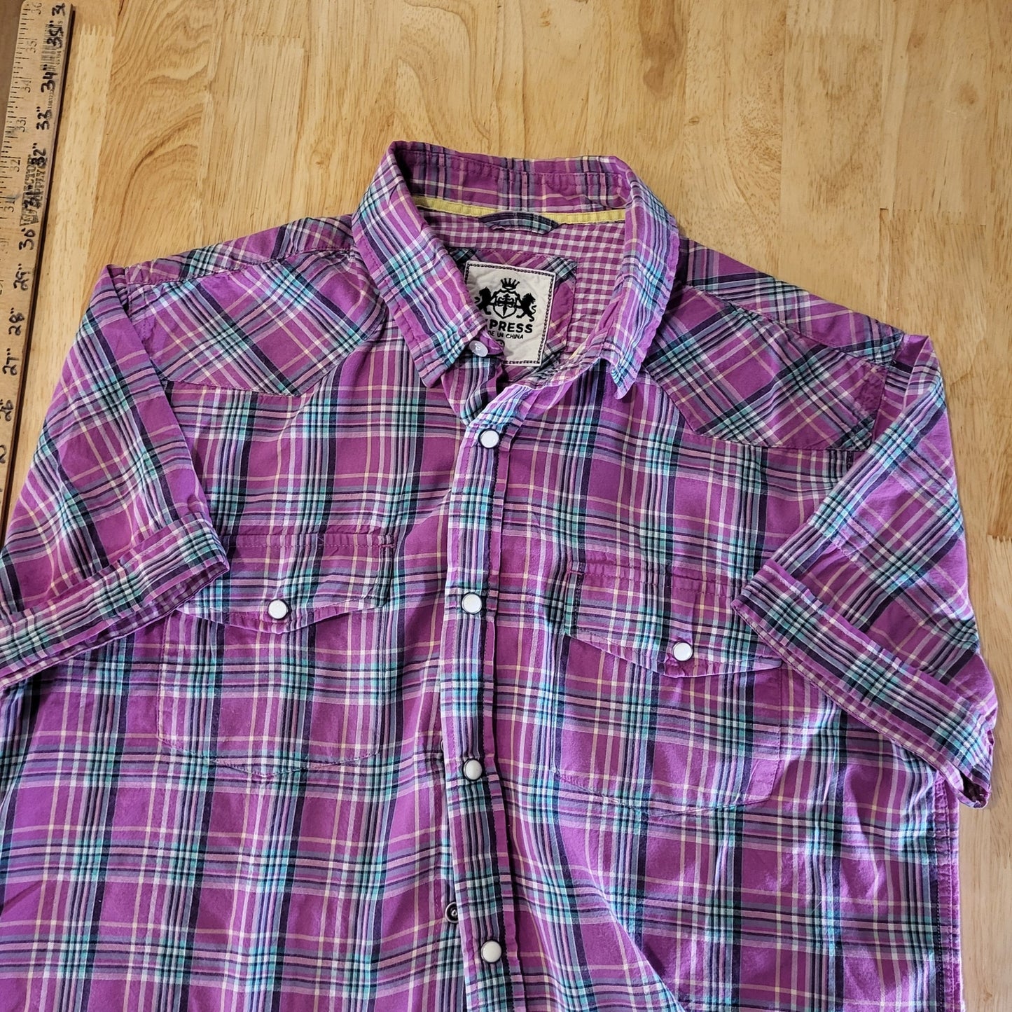 Express Purple Tartan Plaid Short Sleeve Pearl Snap Collared Button Down M
