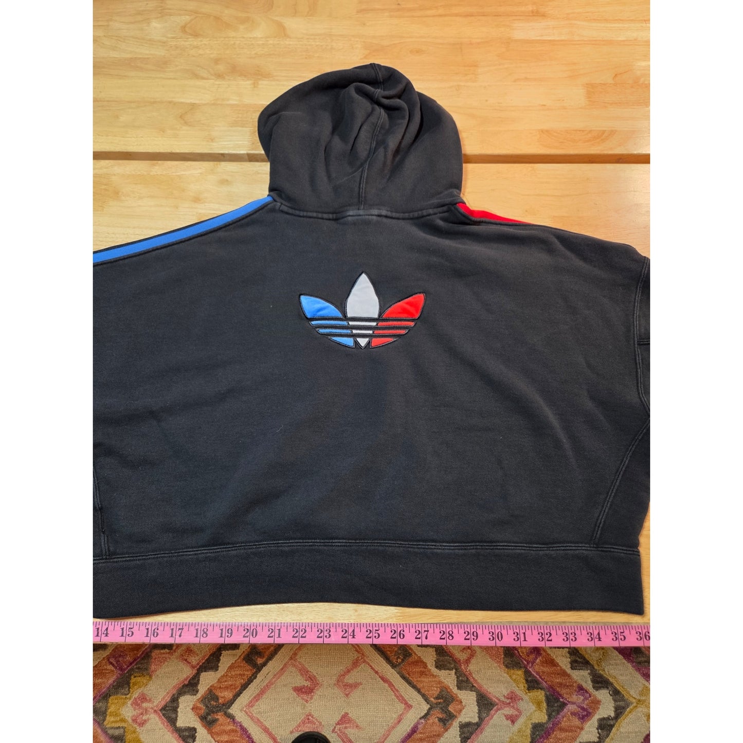 Adidas Originals navy blue cropped hoodie red white and blue logo embroidery L