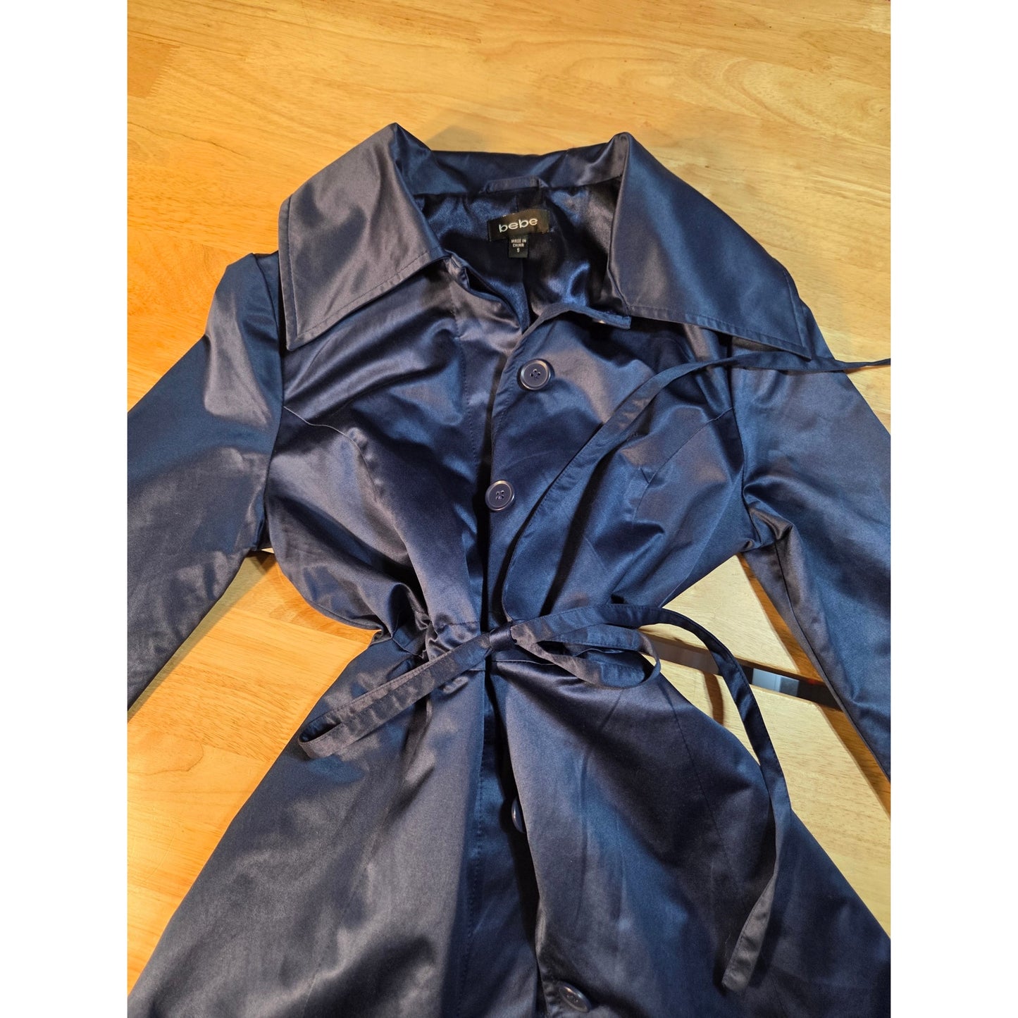 Bebe navy blue double breasted wide collar knee length Overcoat satin size sml