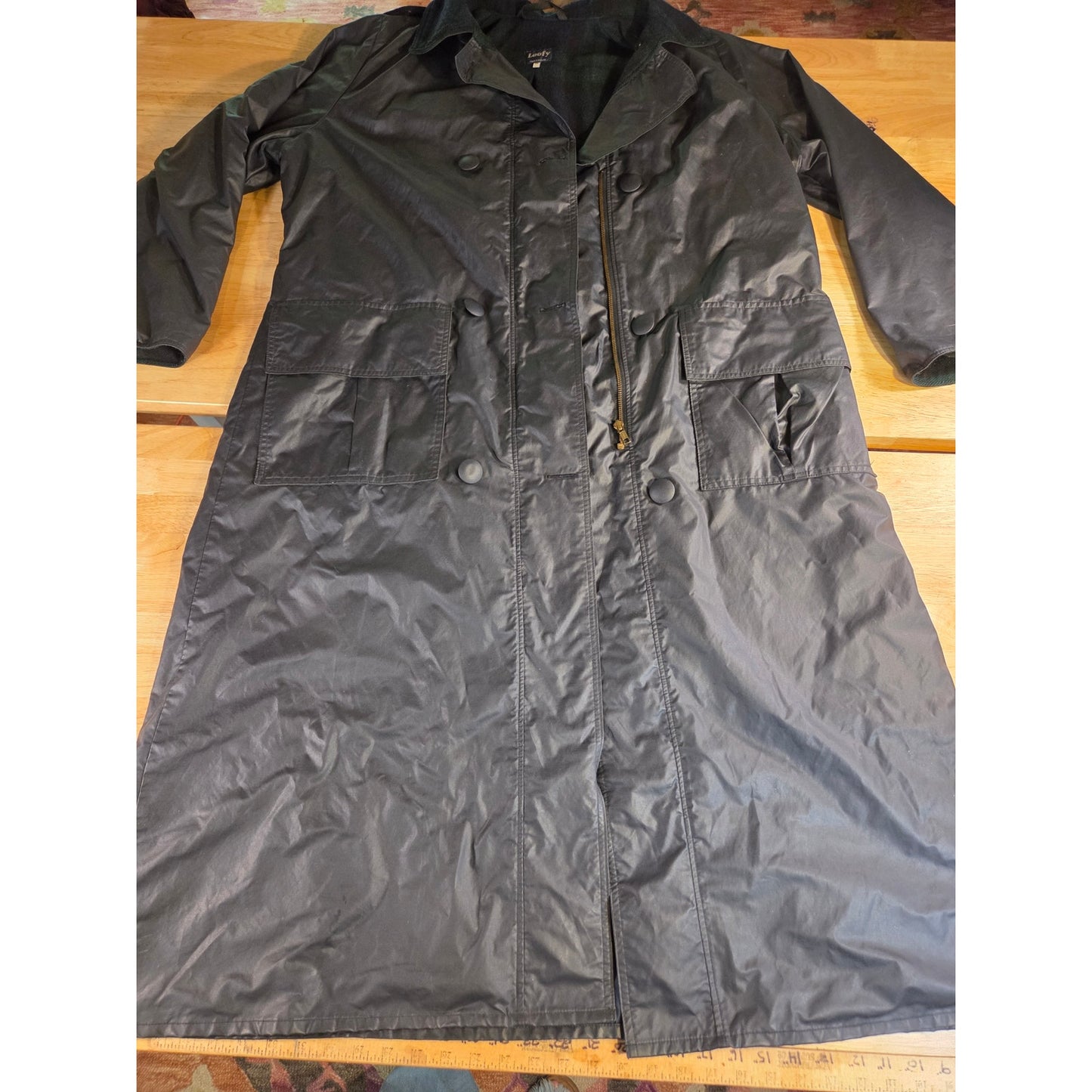 Loofey Swiss Plaid Wool Lined Navy blue Oiled Trench Rain Coat Medium Tartan