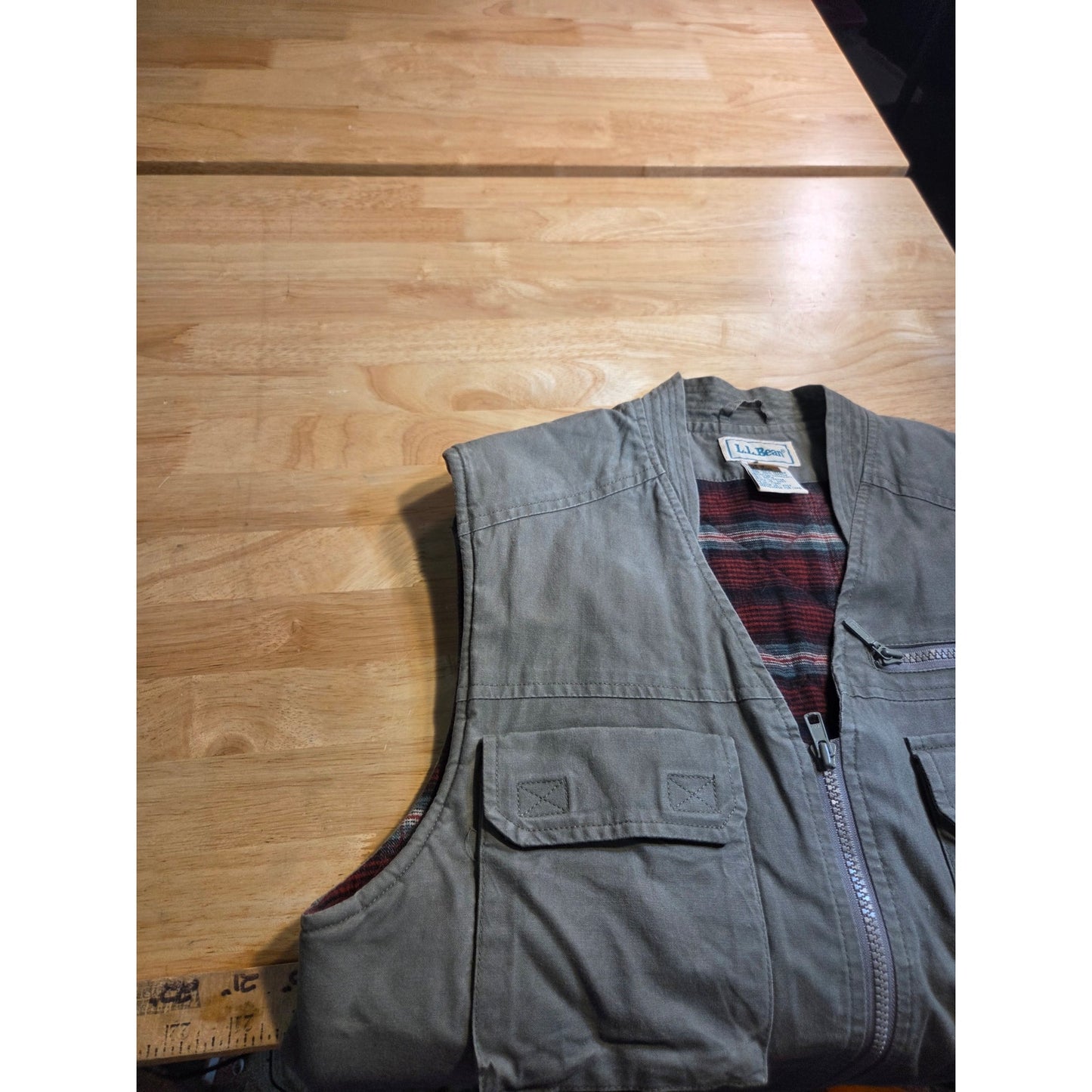 L. L. Bean Vintage Flannel Lined Army Green Hunting Vest 100% Cotton SZ Medium
