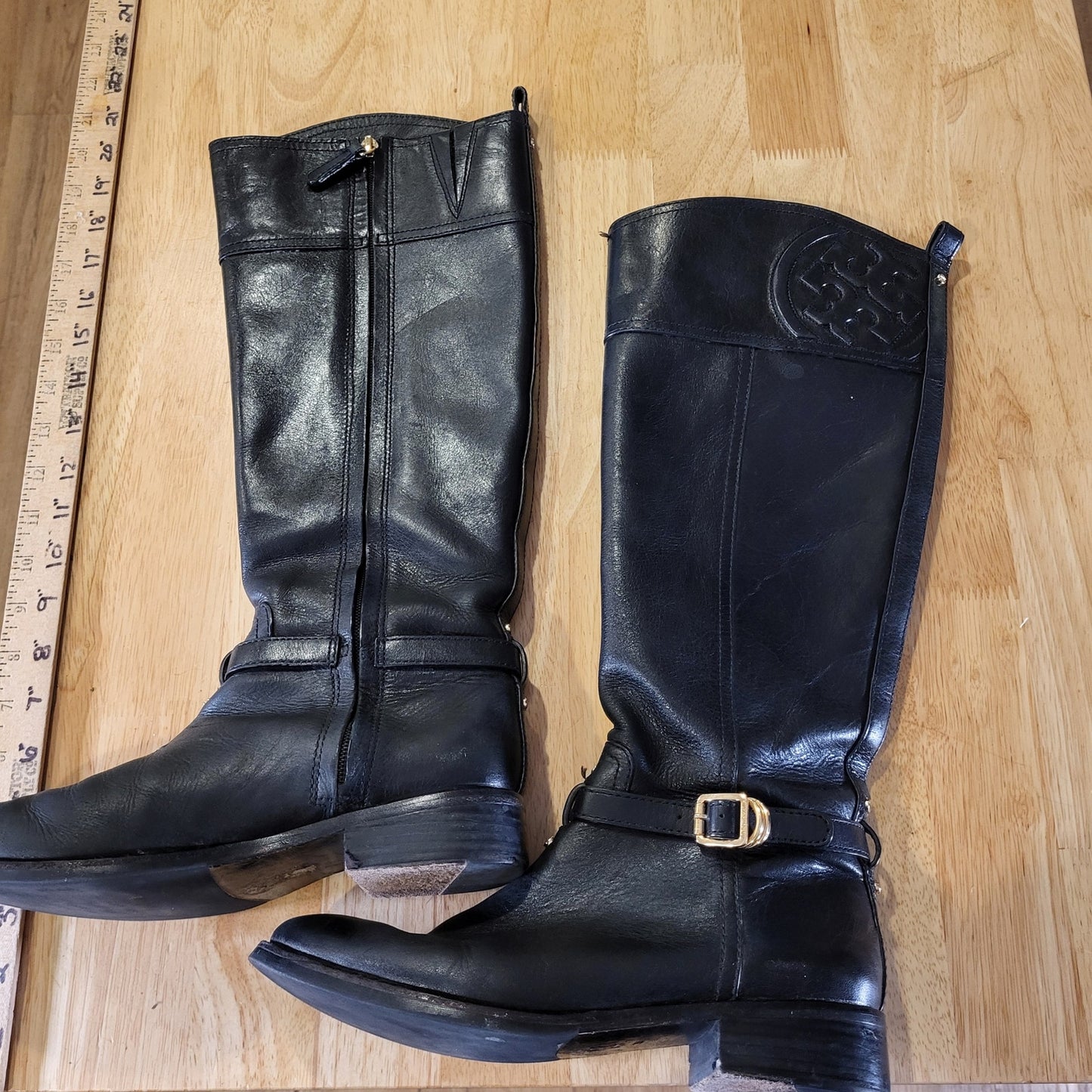 Tory Burch Black Leather Riding Boots Gold Hardware Embossed Stitched 8M
