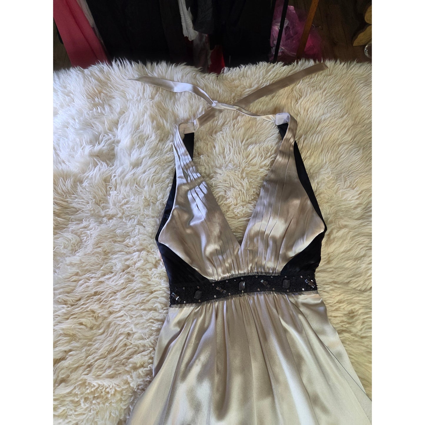 BCBGMAXAZRIA 100% Silk Satin Sleeveless Formal Gown Taupe Black Rhinestones 2