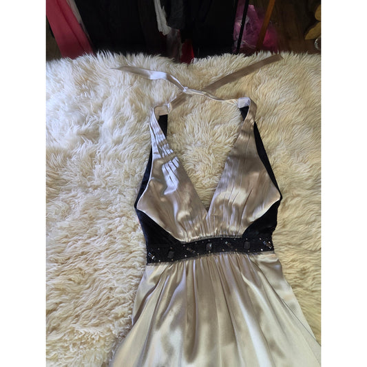 BCBGMAXAZRIA 100% Silk Satin Sleeveless Formal Gown Taupe Black Rhinestones 2