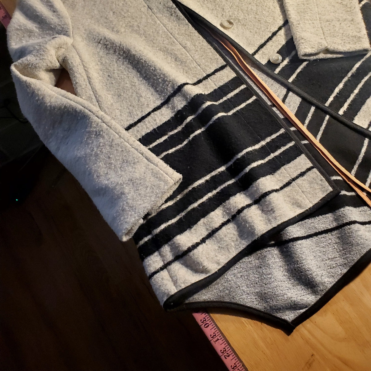 Elevenses size medium wool blend asymmetrical hem gray and black striped jacket