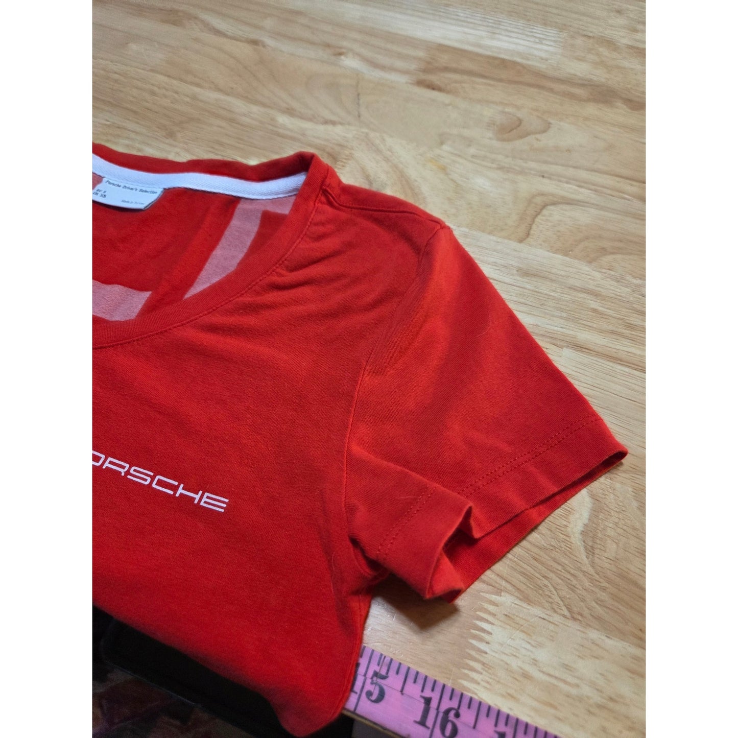 Porsche red cap sleeve v-neck women's t-shirt graphic print white logo small