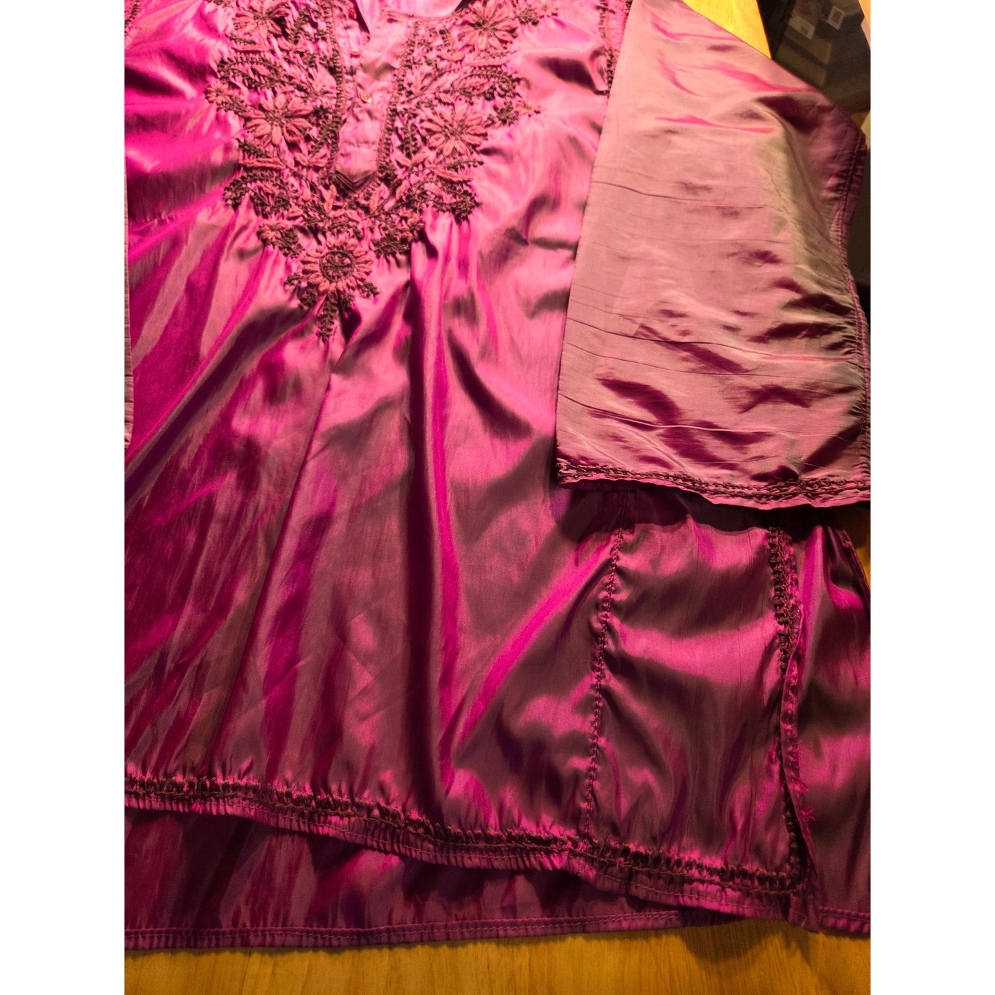 Satin hand Embroidered Iridescent Pink Heart Floral Motif Large Long Sleeve