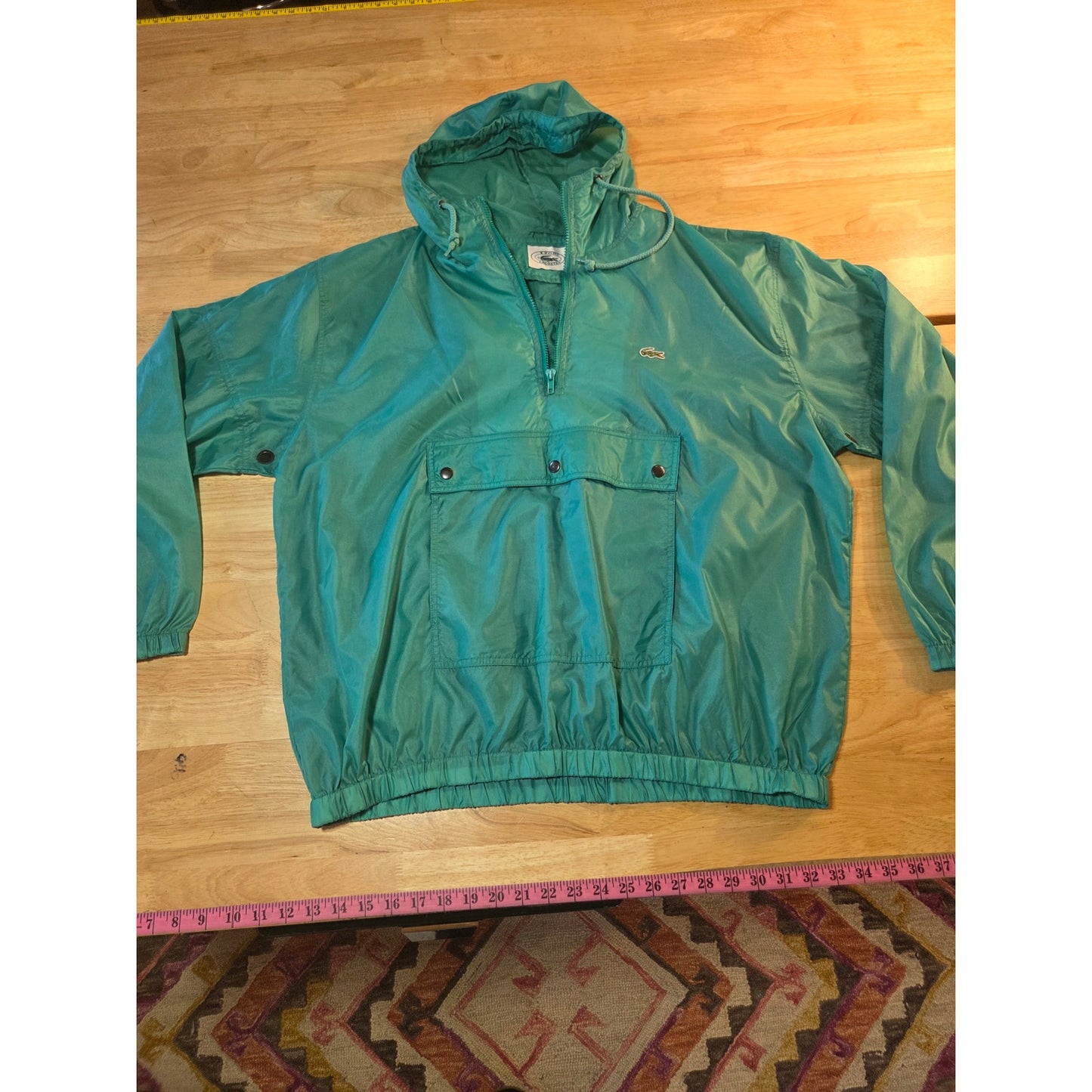 Lacoste light green pullover hooded windbreaker zip kangaroo pocket nylon XL