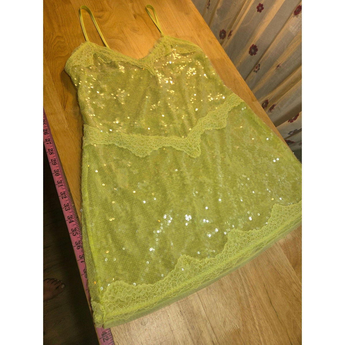 Viral Victoria's Secret lime green spaghetti strap sequin slip dress lace xl