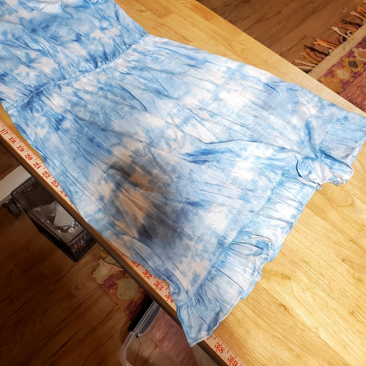 Absolutely Famous sleeveless ruffle sleeve cap blue cloud print elastic gather L