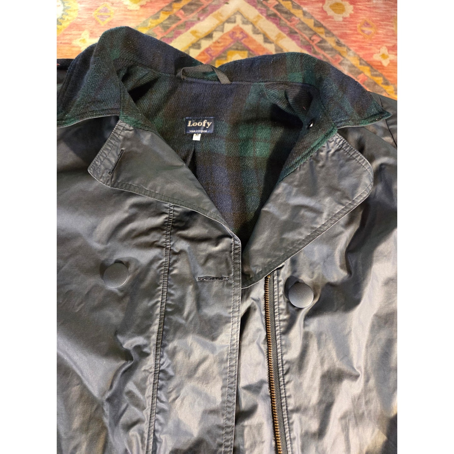 Loofey Swiss Plaid Wool Lined Navy blue Oiled Trench Rain Coat Medium Tartan