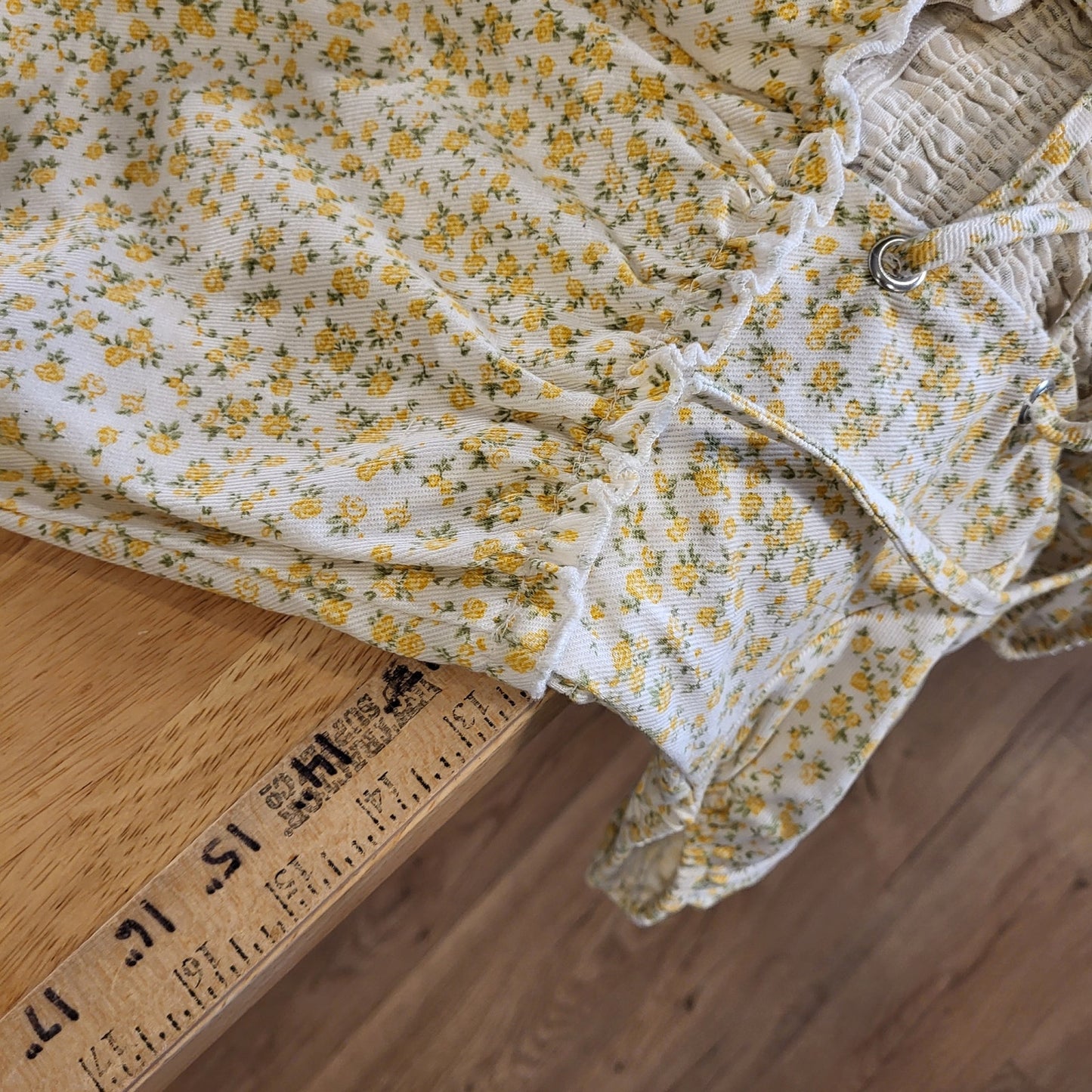 American Eagle Outfitters White Denim Yellow Flower Dress Laced Front Stretch