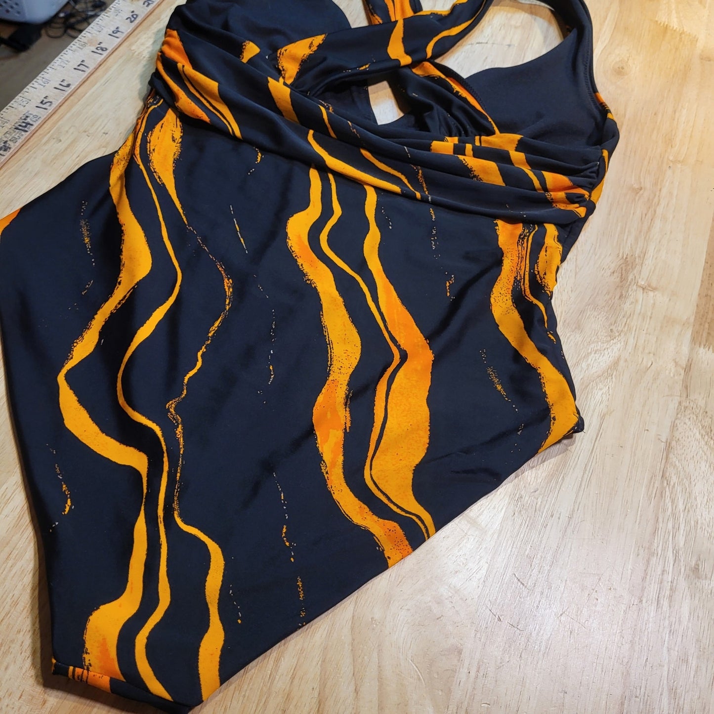 Black One Piece Bathing Suit Orange Lava Stripes 15" P2P Triangle Top