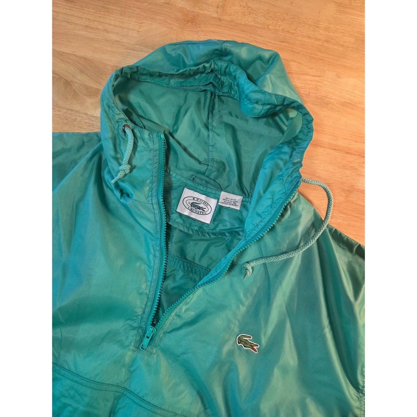 Lacoste light green pullover hooded windbreaker zip kangaroo pocket nylon XL