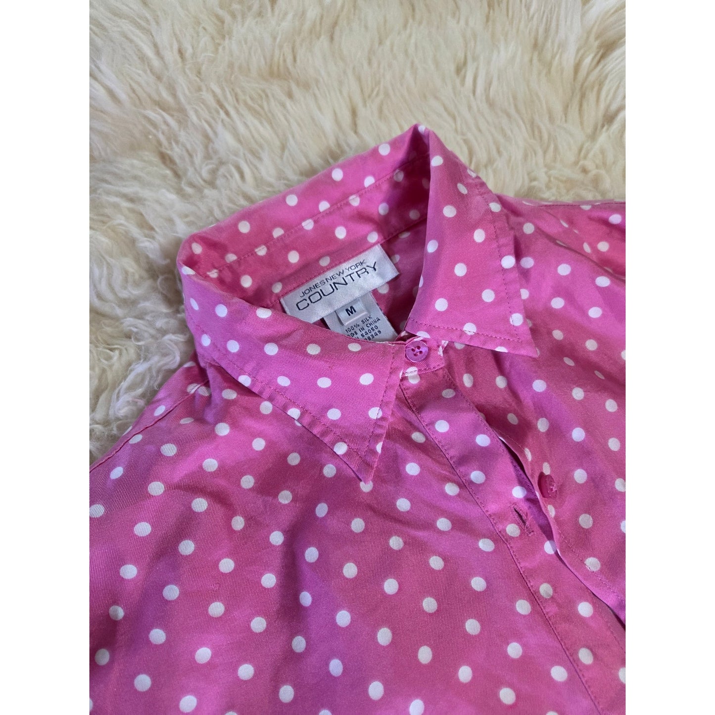 Vintage Jones New York Country PINK 100% Silk Polka dot Blouse Collared M