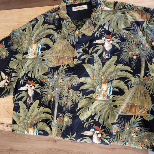 Tommy Bahama 100% Silk Christmas Island Hawaiian Tiki Santa XXL Embroidered