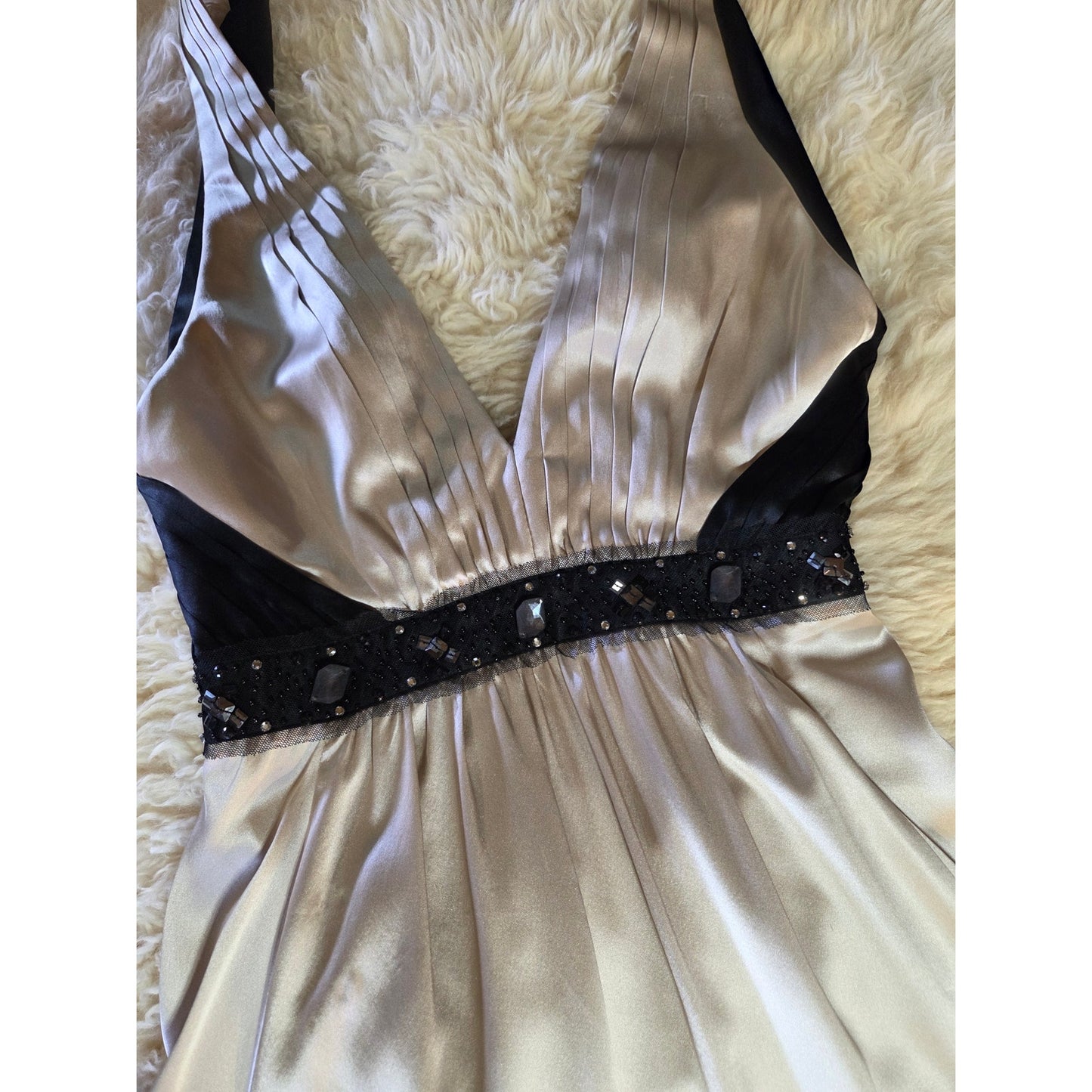 BCBGMAXAZRIA 100% Silk Satin Sleeveless Formal Gown Taupe Black Rhinestones 2