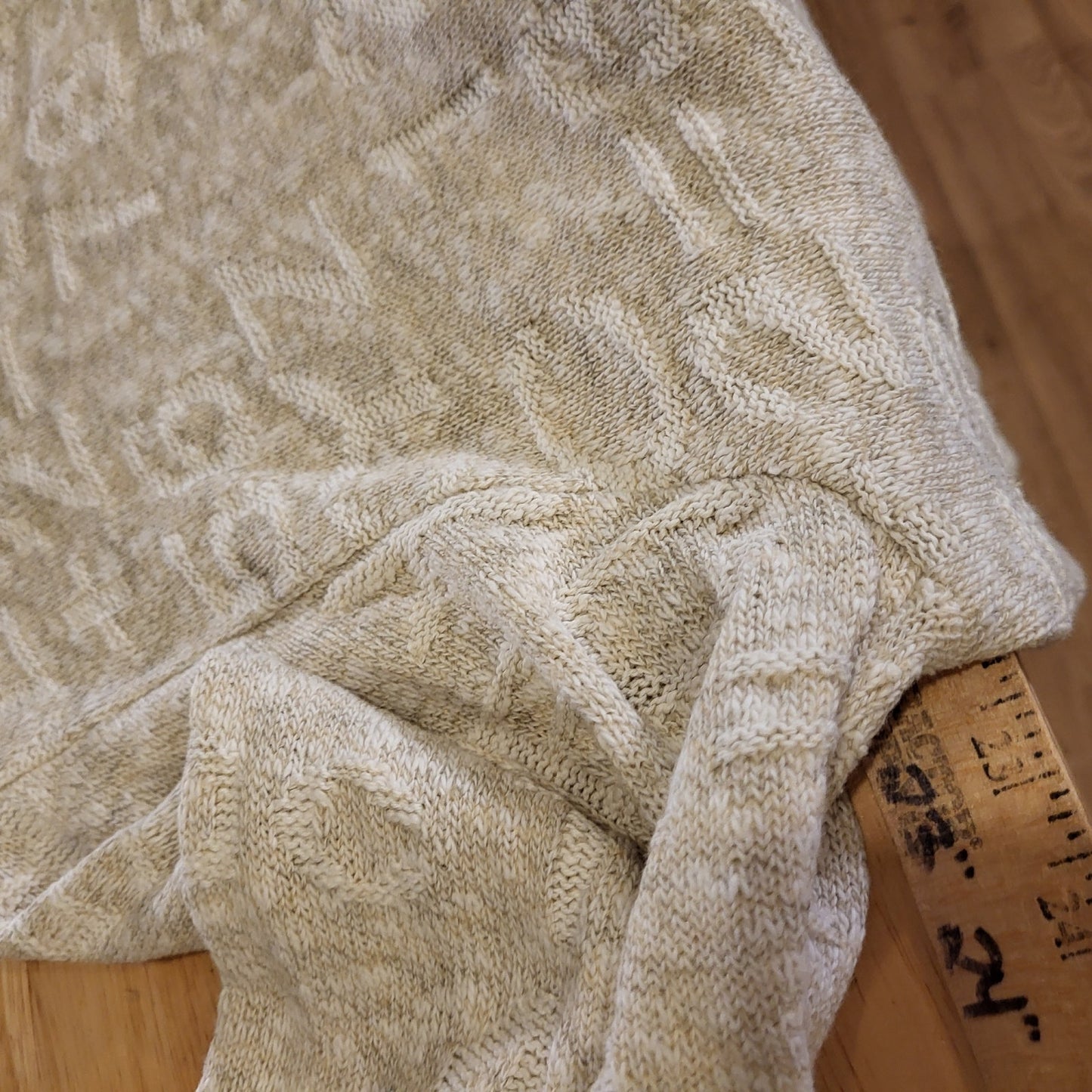 Vintage Teacher Alphabet Embossed Sweater Beige Embroidered Cardigan USA Made L