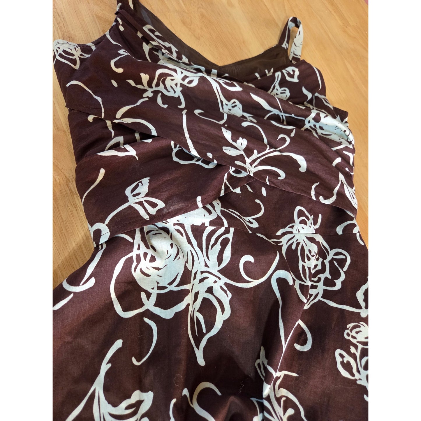 Biacci 100% cotton brown and blue floral sleeveless v-neck dress fully lined tie