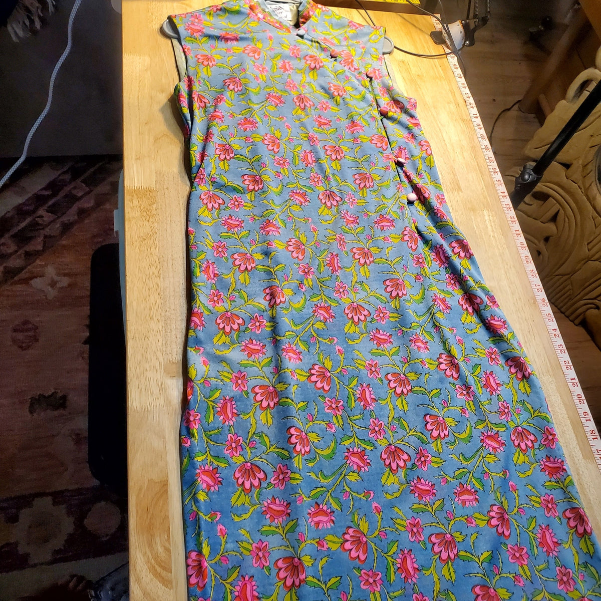VINTAGE CHINESE TRADITIONAL DRESS BLUE PINK GREEN FLORAL POLYESTER SM