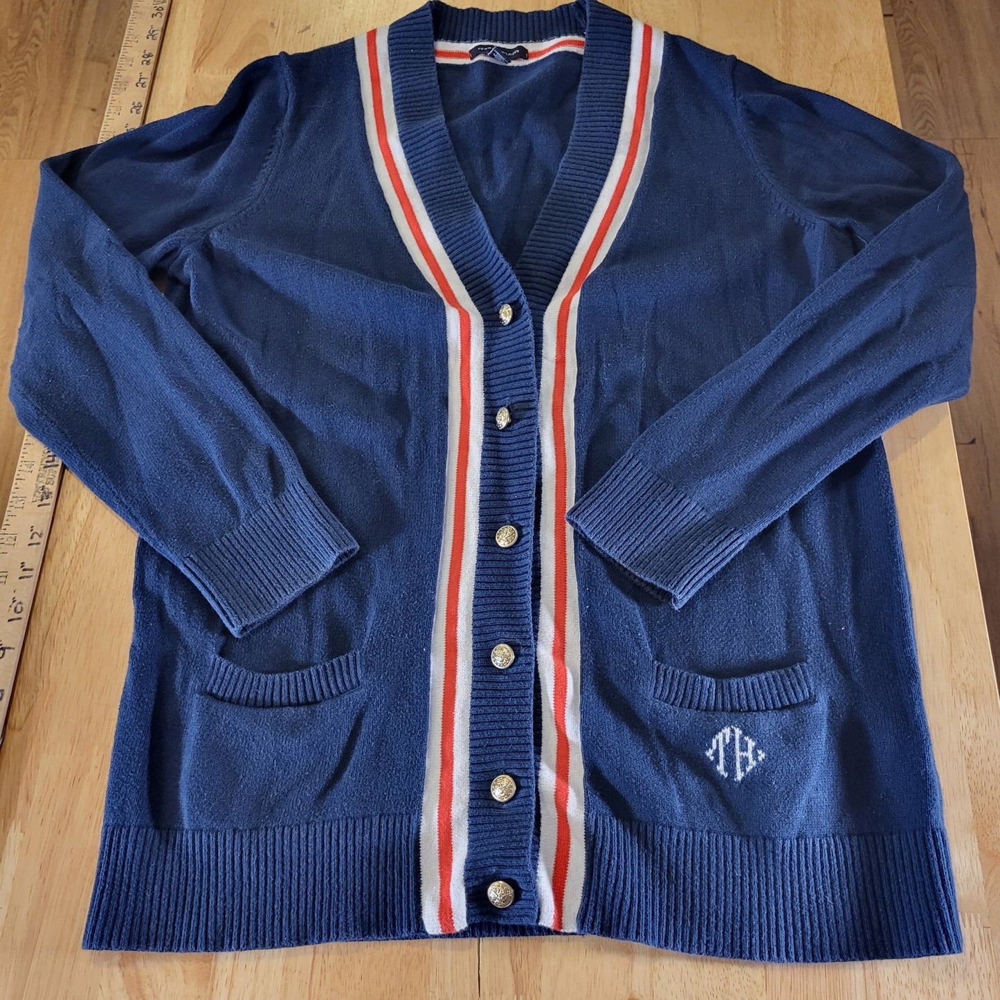 Tommy Hilfiger Collegiate Cardigan Monogram  Red Stripe Blue Gold Button L