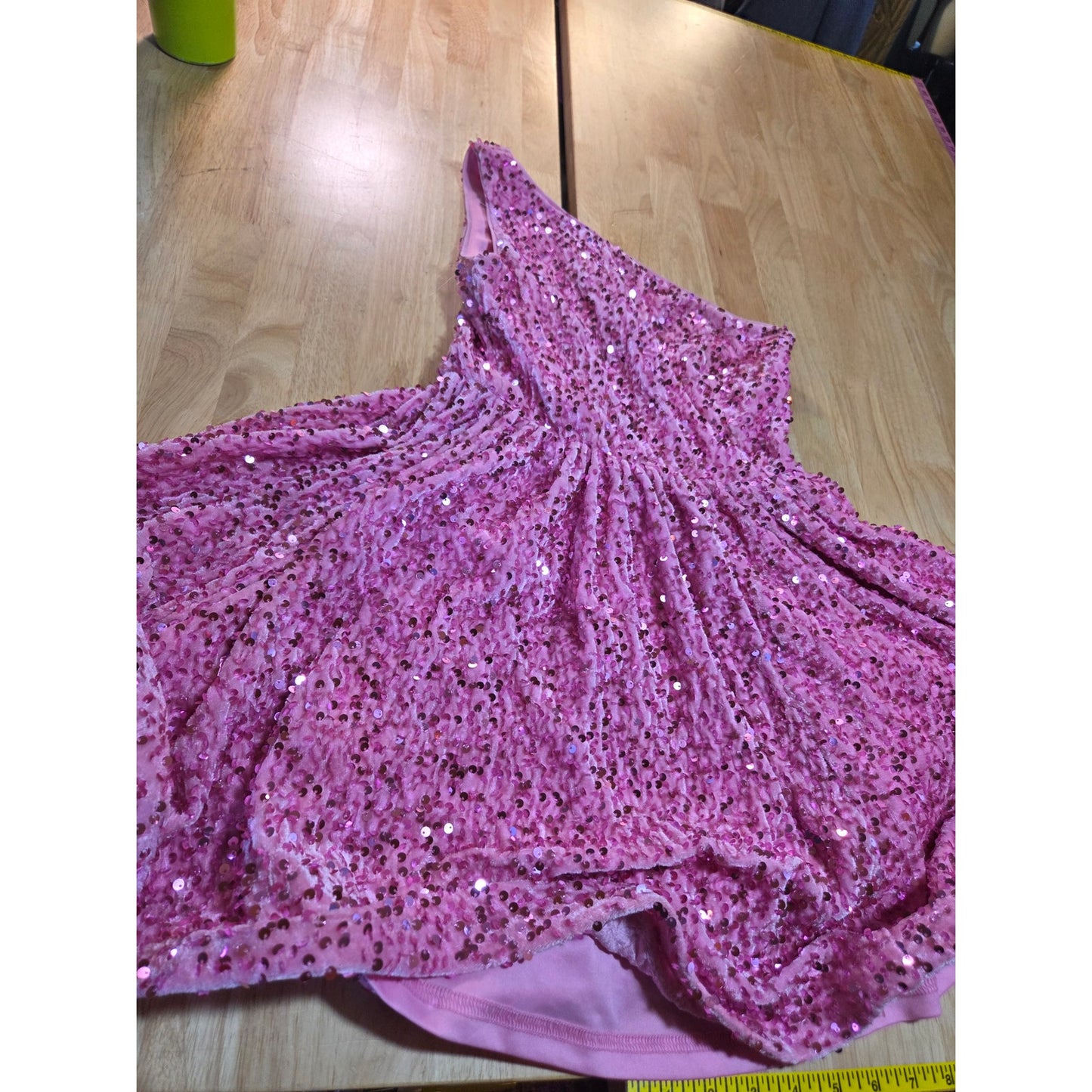 Faeriesty 1 shoulder Skater Mini Dress Elastic Waist Pink Velvet Sequin
