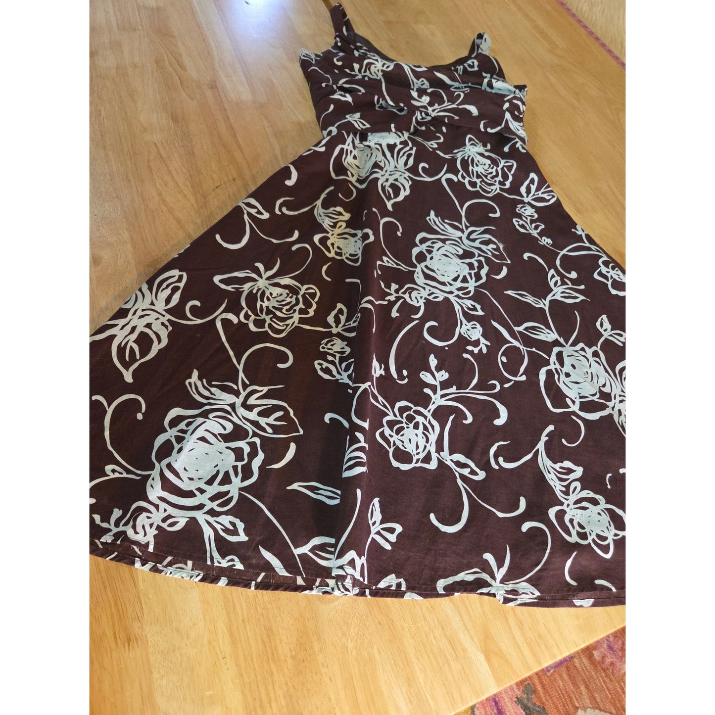 Biacci 100% cotton brown and blue floral sleeveless v-neck dress fully lined tie