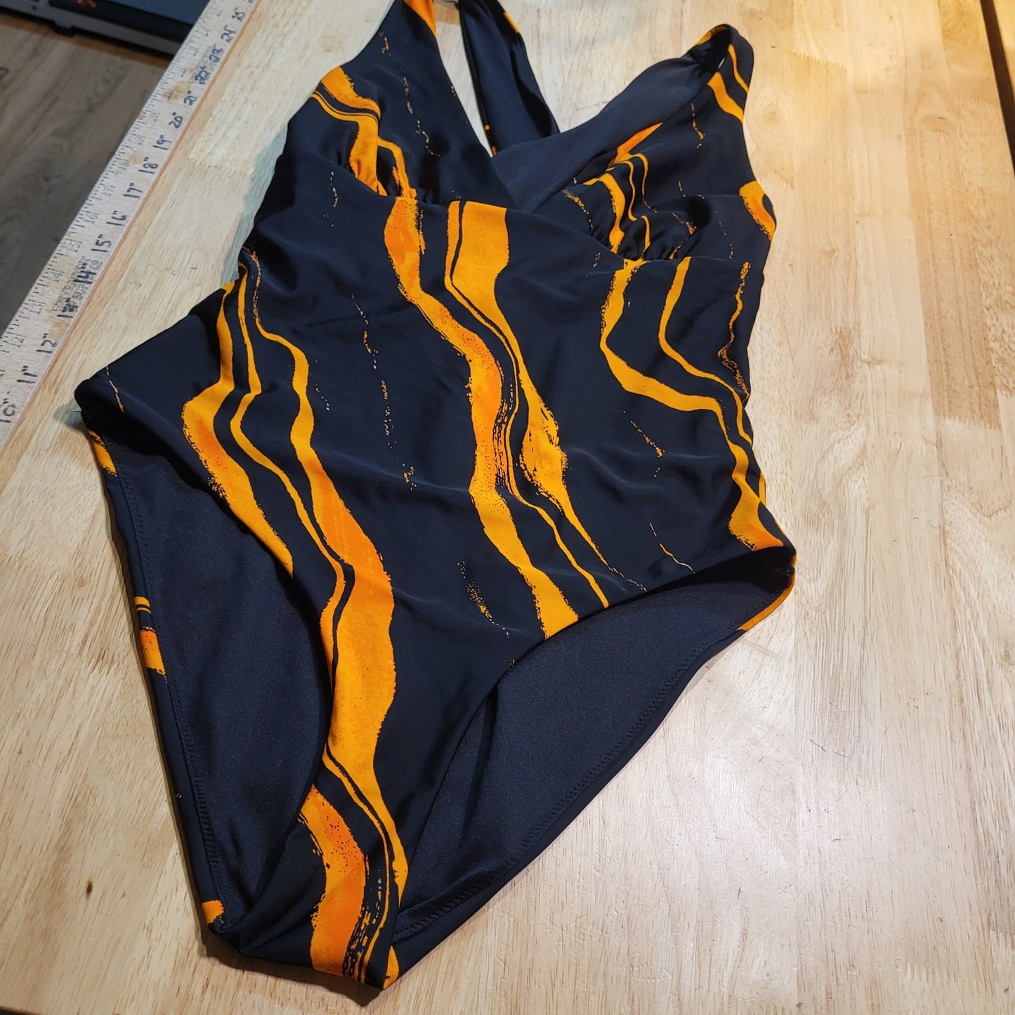 Black One Piece Bathing Suit Orange Lava Stripes 15" P2P Triangle Top