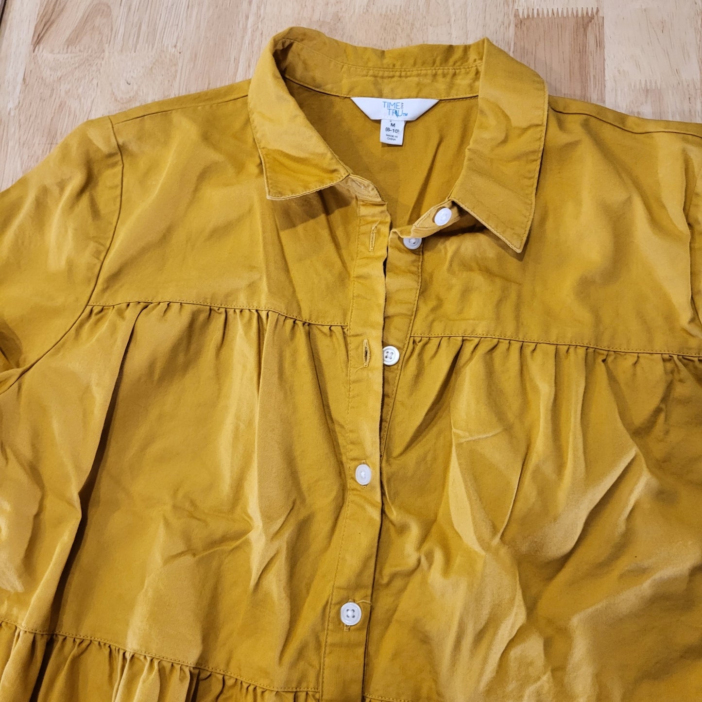 Cotton colored mustard yellow tiered ruffle button down cap sleeve 8/10 20" P2P 