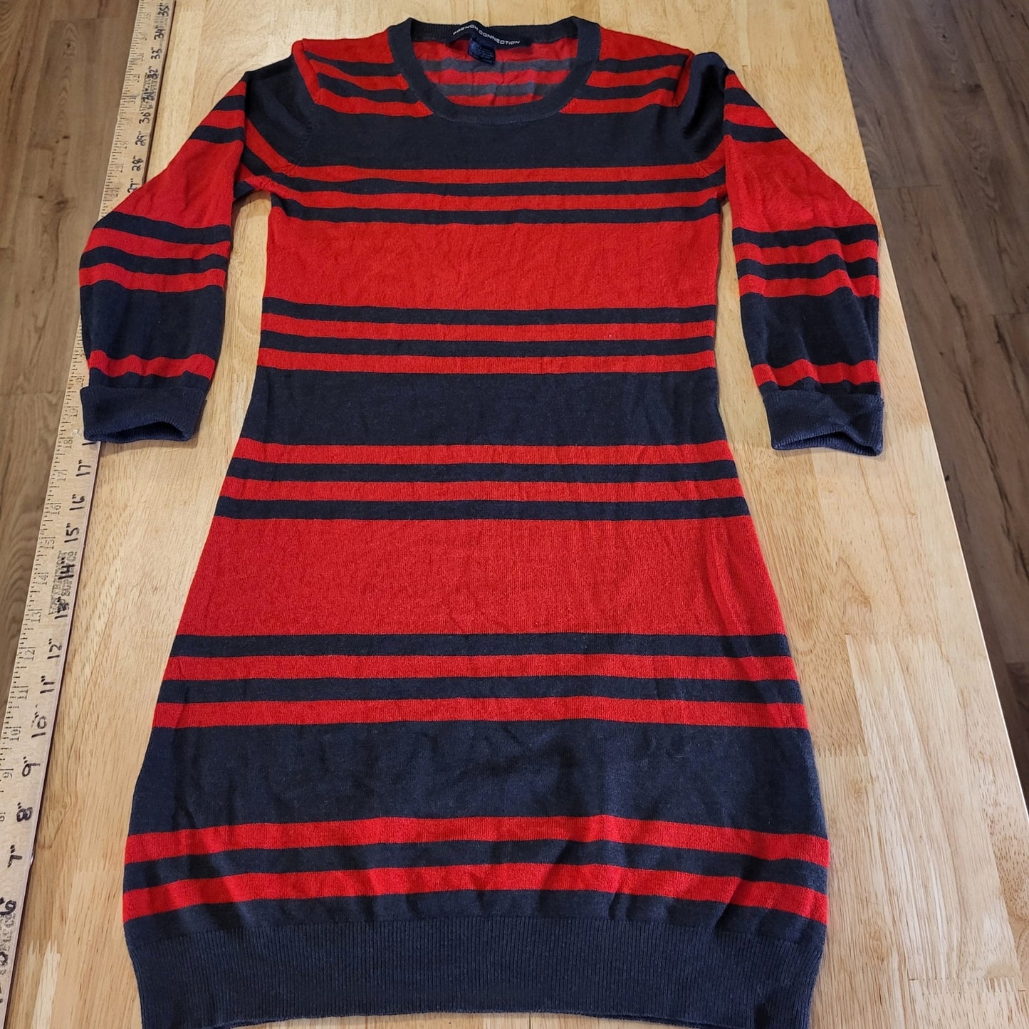French Connection Red & Gray Striped Long Sleeve Mini Sweater Dress Bodycon Sm