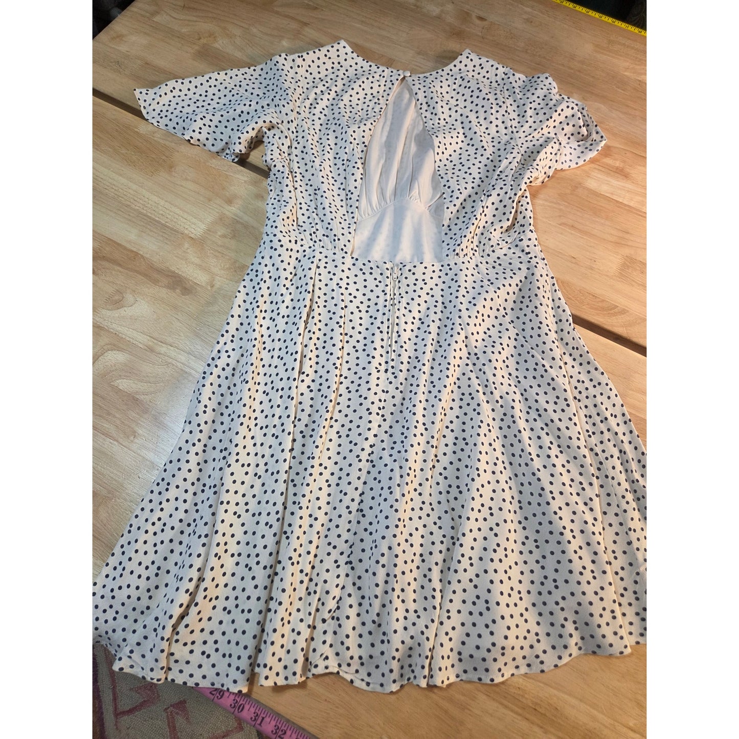 GB brand white polka dot flutter sleeve open back knee length dress size large