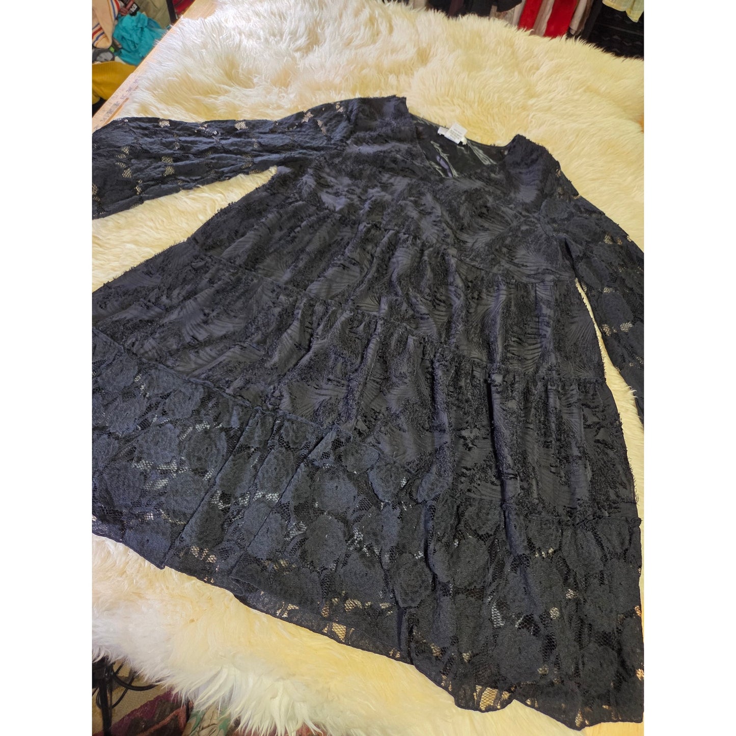 Paisley Vine black lace satin lined bell sleeve a line goth dress v-neck xl