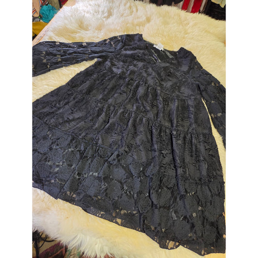 Paisley Vine black lace satin lined bell sleeve a line goth dress v-neck xl