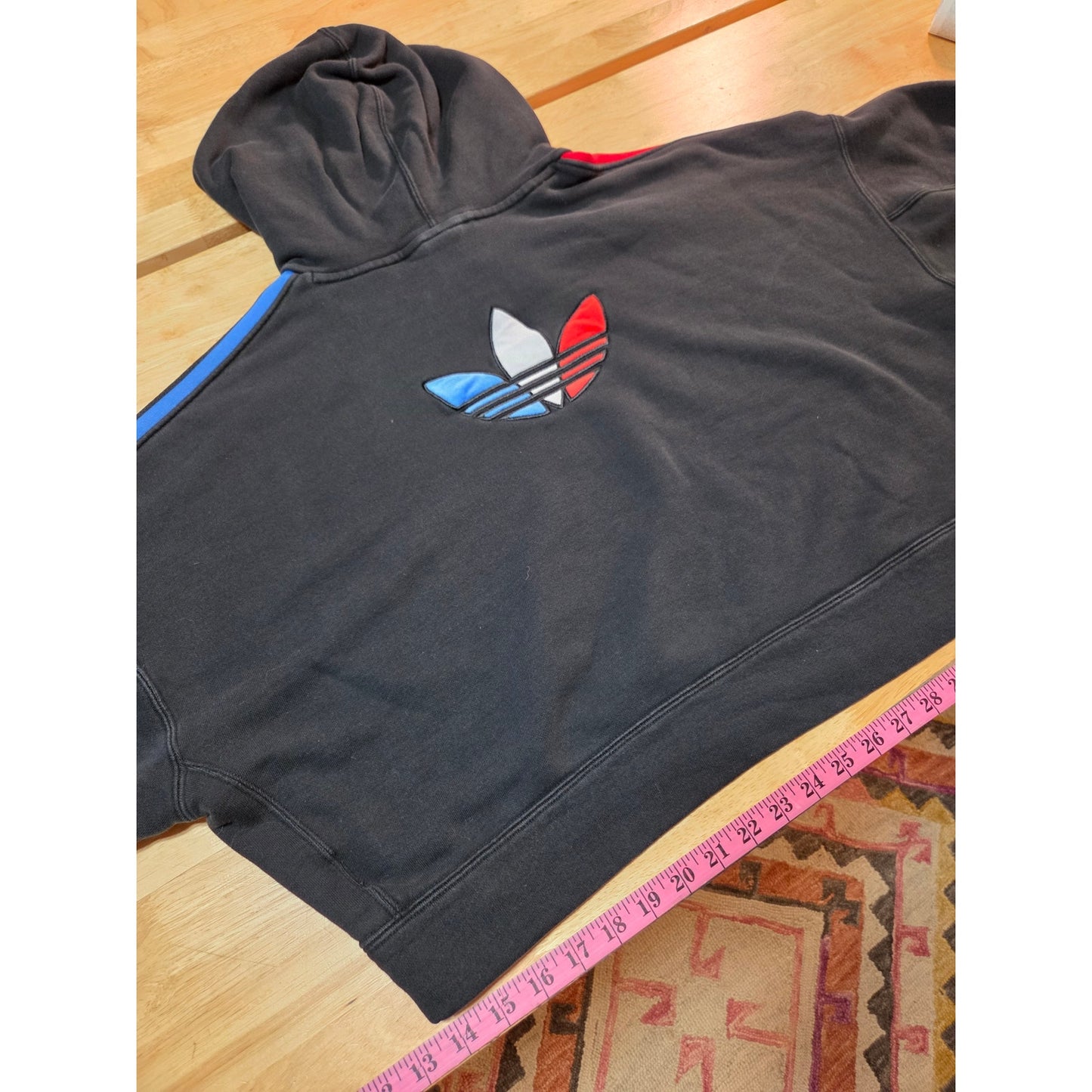 Adidas Originals navy blue cropped hoodie red white and blue logo embroidery L