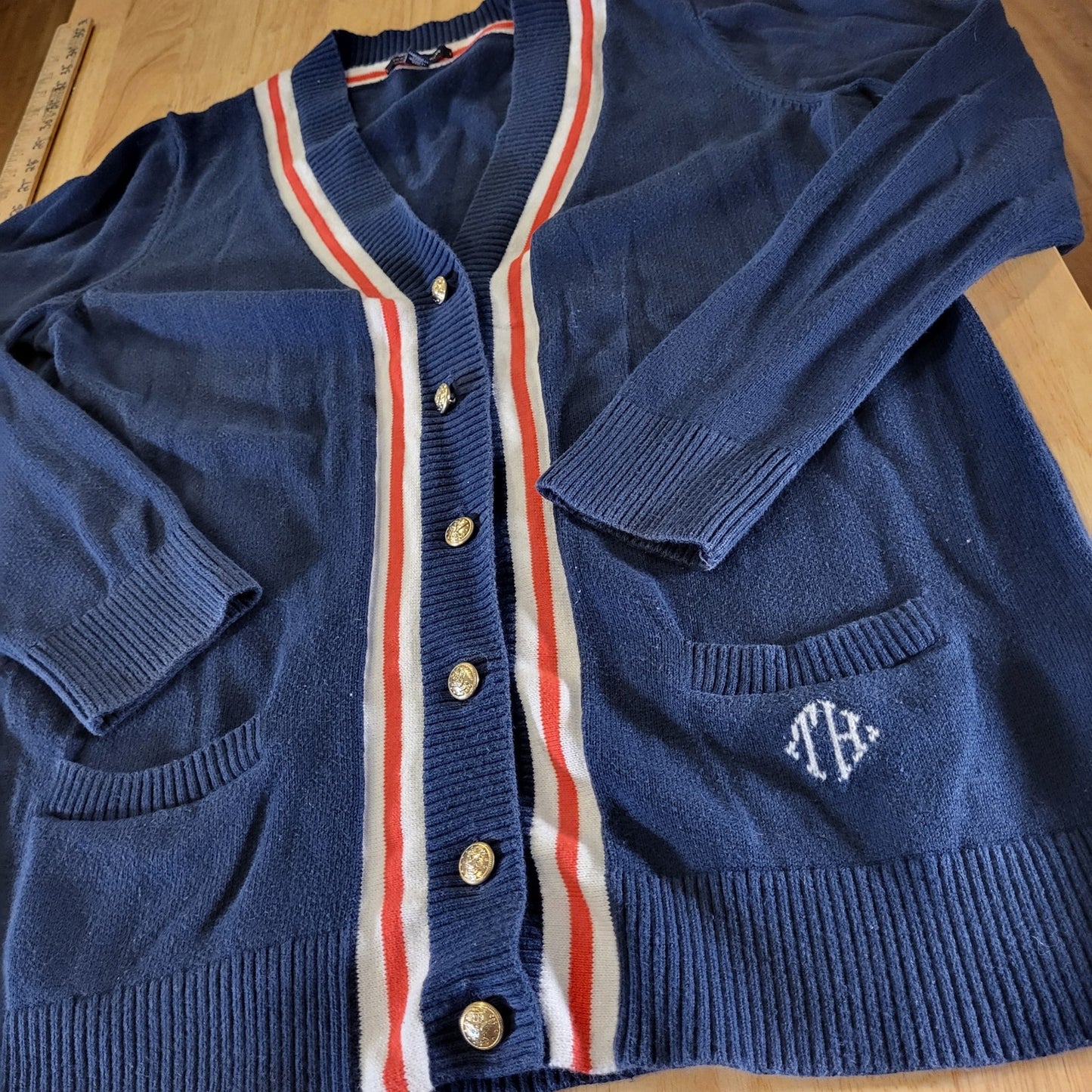 Tommy Hilfiger Collegiate Cardigan Monogram  Red Stripe Blue Gold Button L