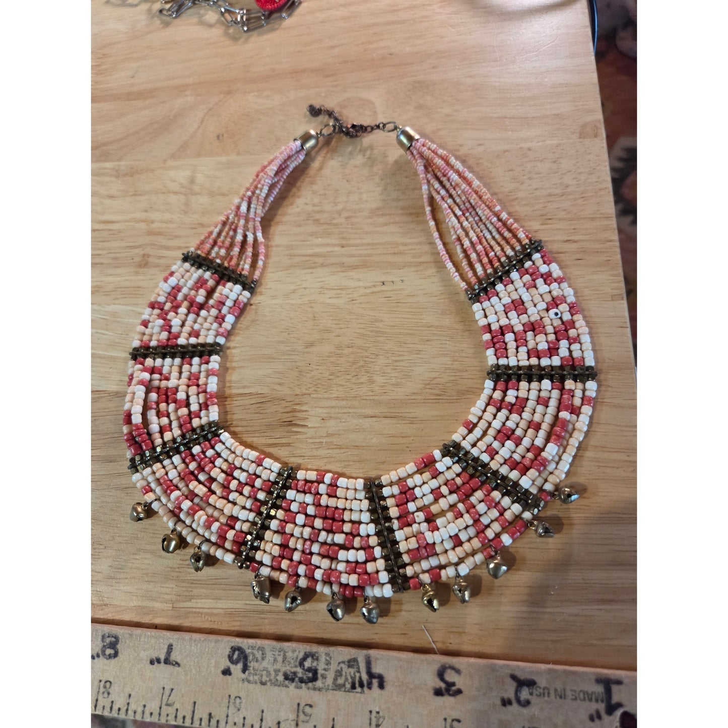 Red & White Beaded Chest Plate Necklace Vintage Hand Made I Believe