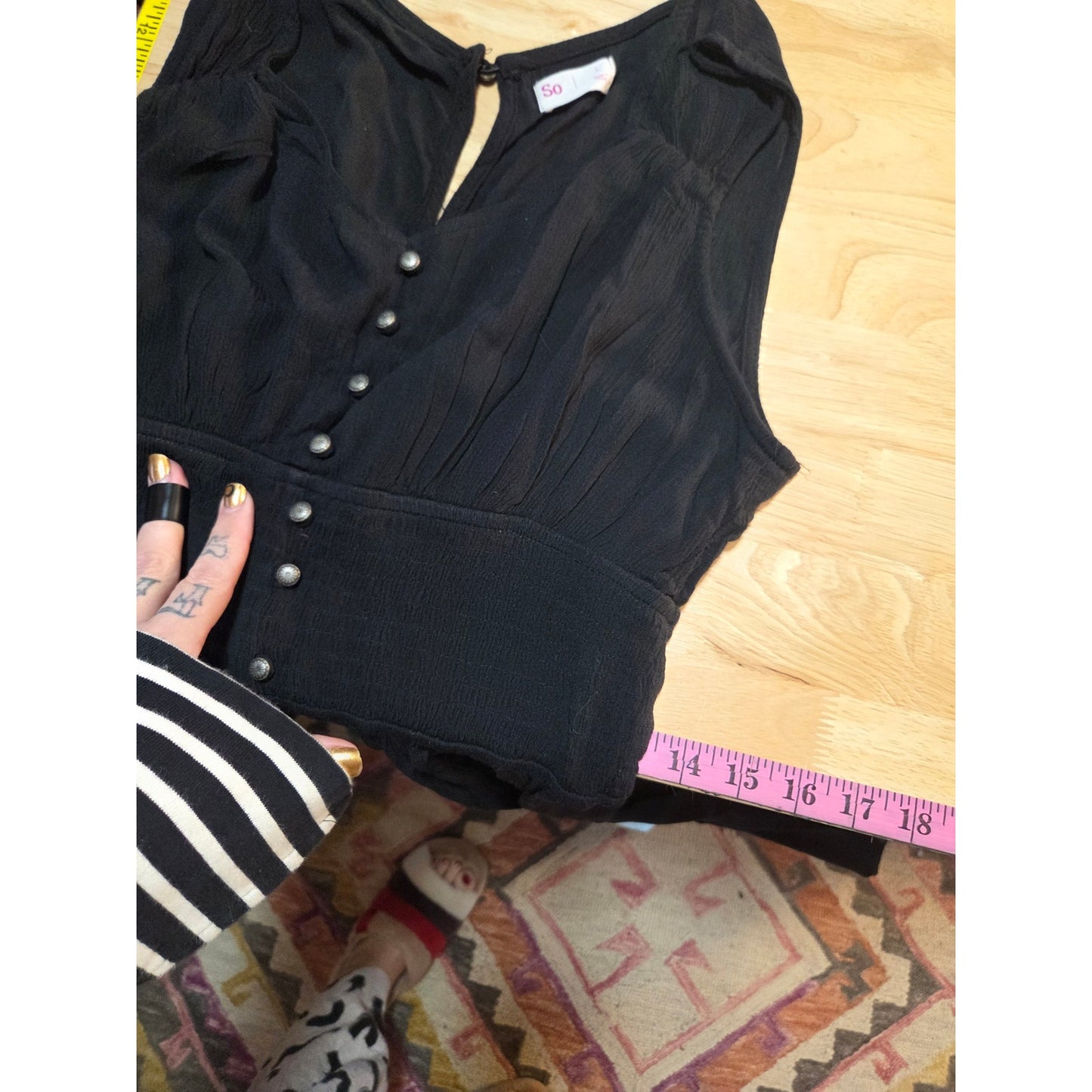 SO brand black wide leg jumpsuit elasticated waist sleeveless button Pockets LG