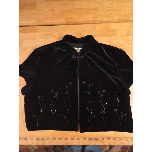 Vintage Black Velvet Mandarin Collar Cap Sleeve Beaded size 14 20" P2P