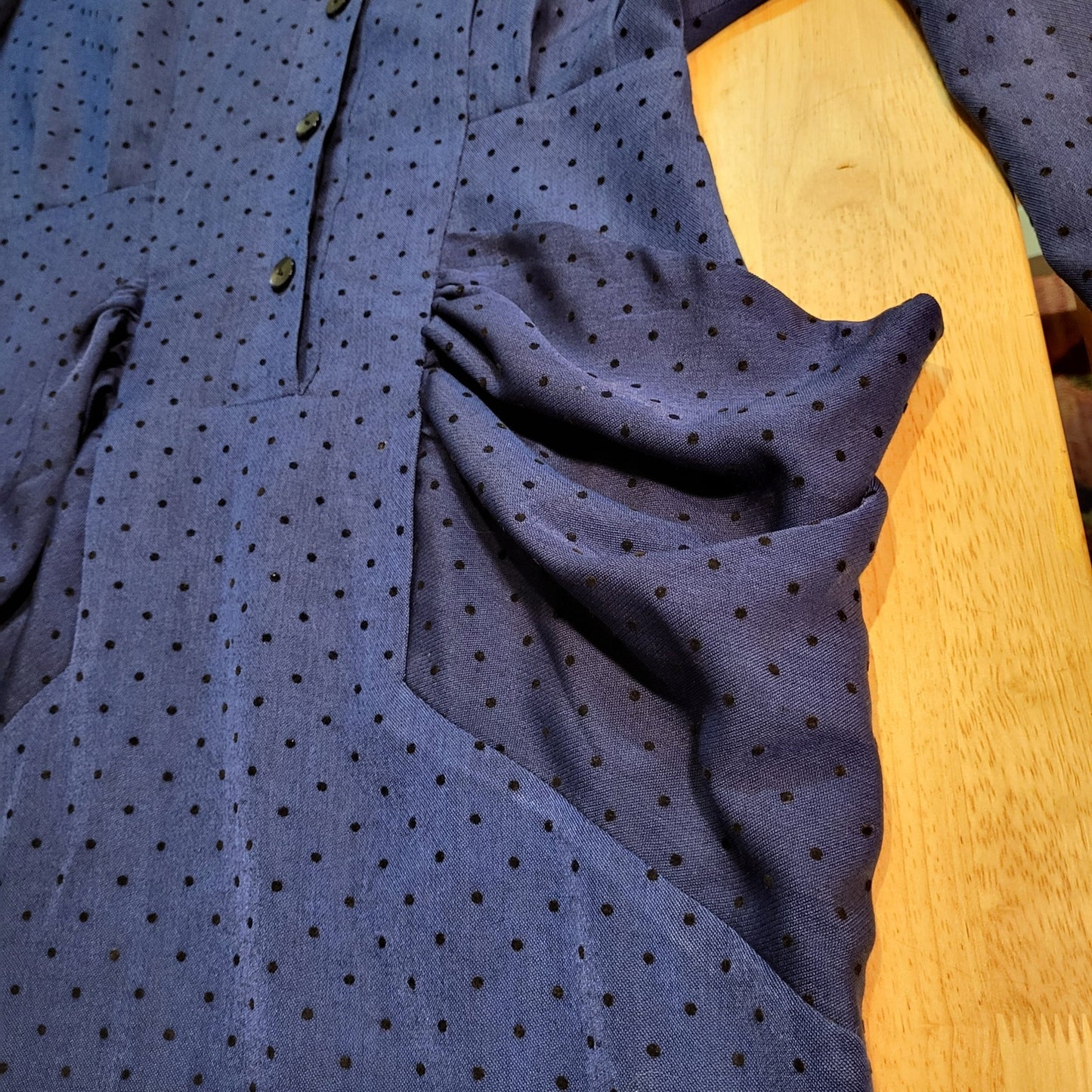 Vintage Blue Black Polka Dot Dress Pockets Collar Pencil Skirt Sprity Sz 38