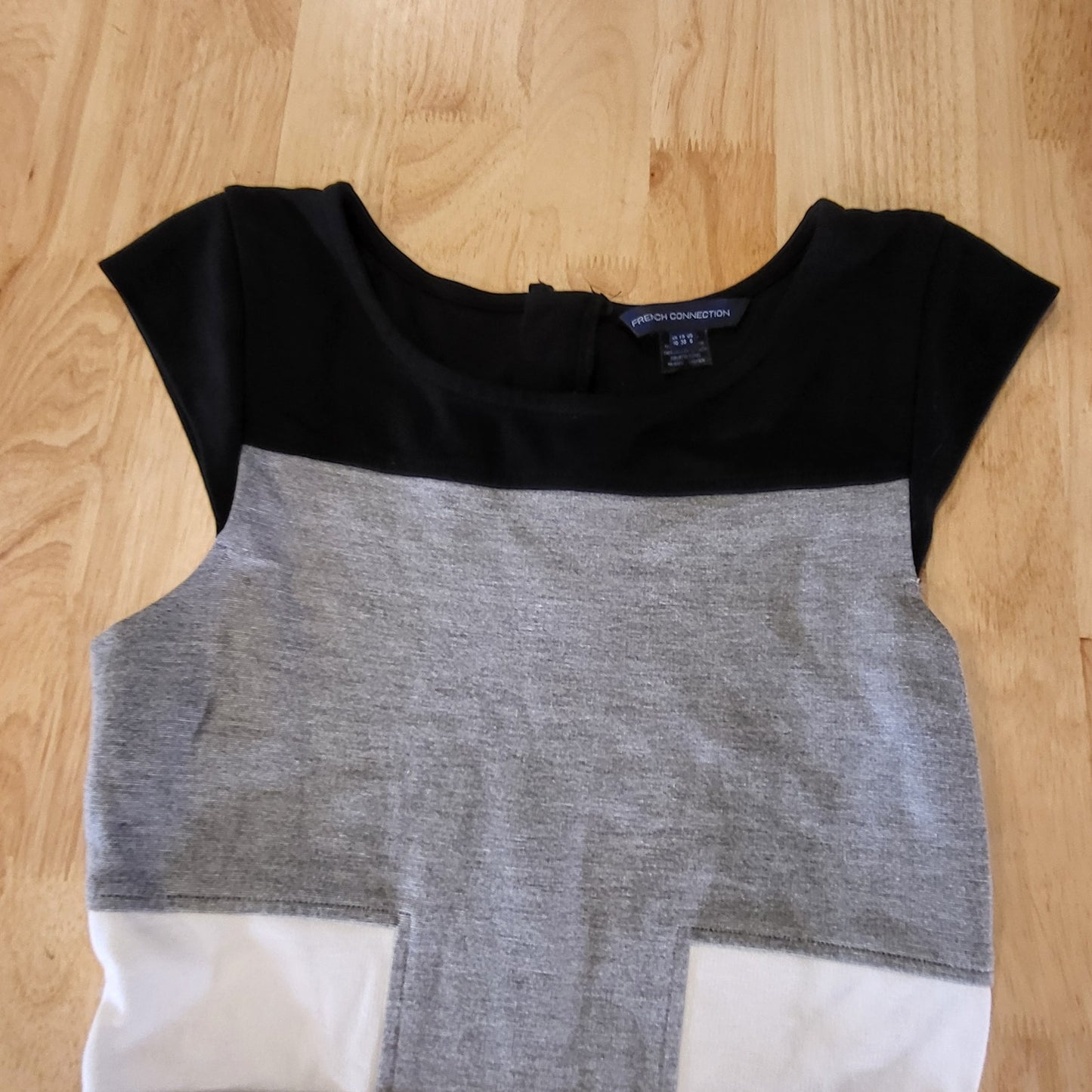 French Connection Black Gray White Sleeveless Jersey Knit Pencil Dress Zip