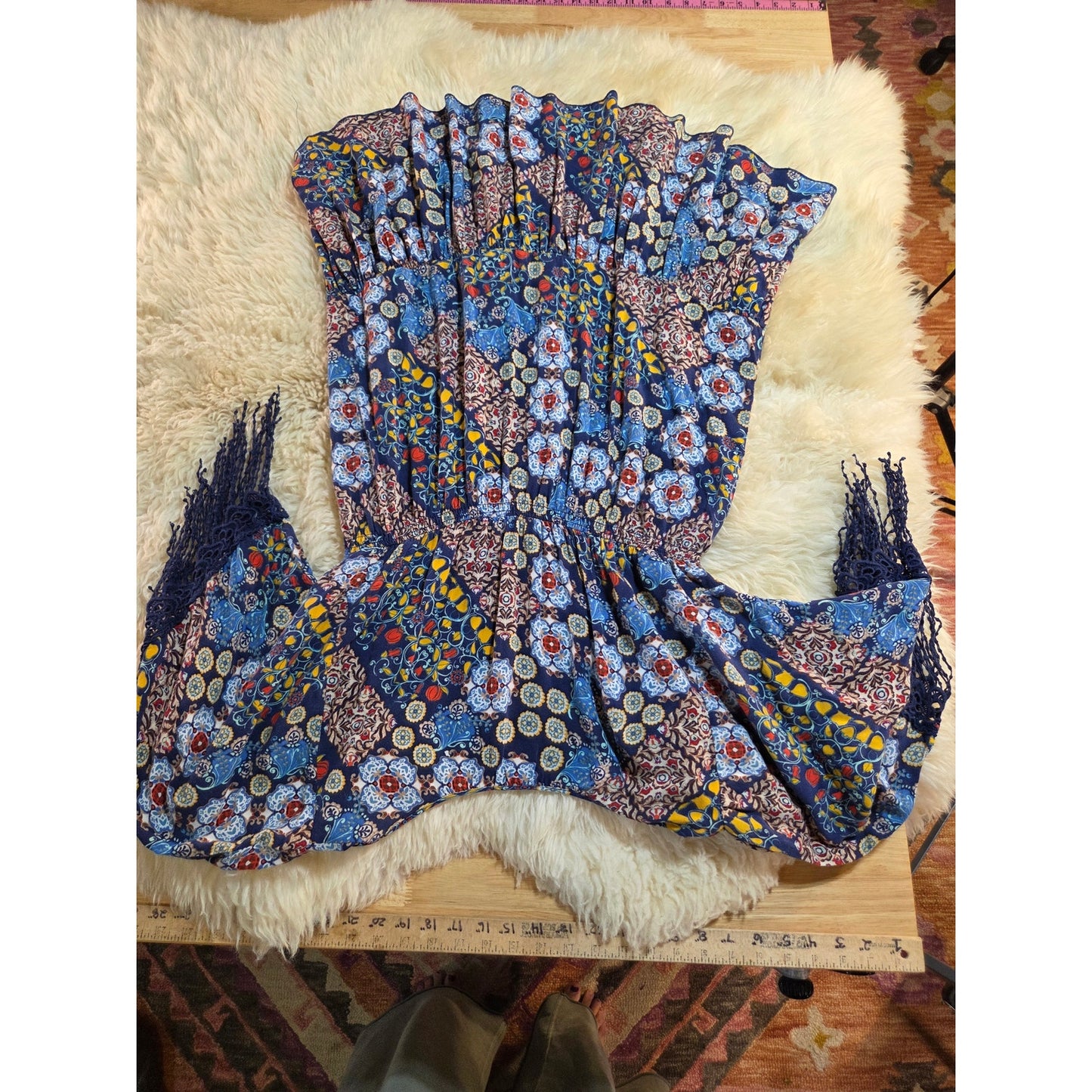 Live and Let Live colorful primary color blue Paisley red Mini dress small