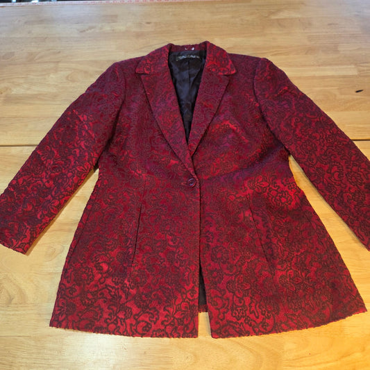 Tahari red blazer black embroidery size 14 lined wool blend