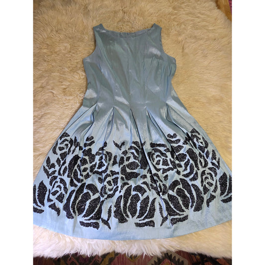 Baby Blue Sleeveless Black Sequin Embellishments Tea Length Fit Flare Princess