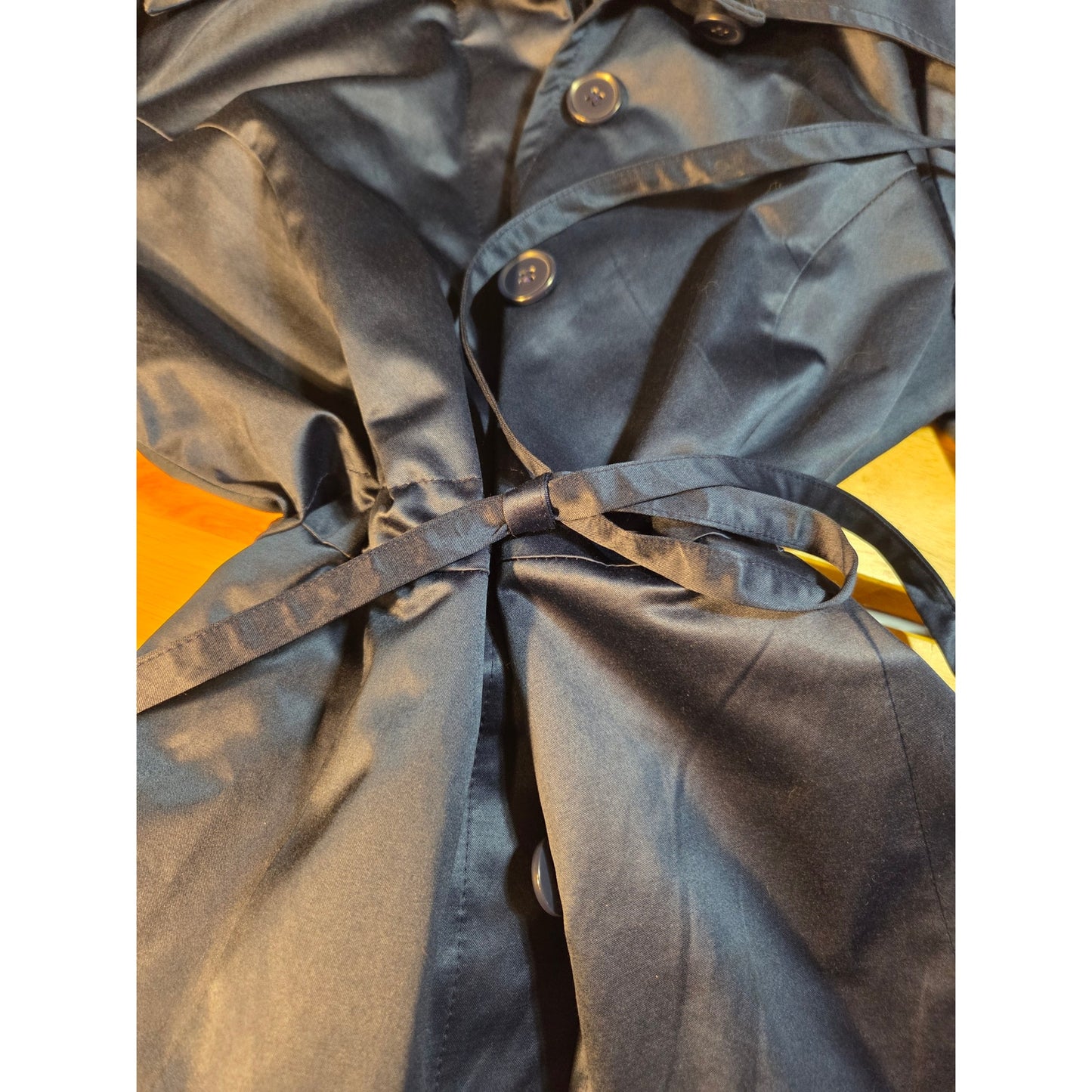 Bebe navy blue double breasted wide collar knee length Overcoat satin size sml
