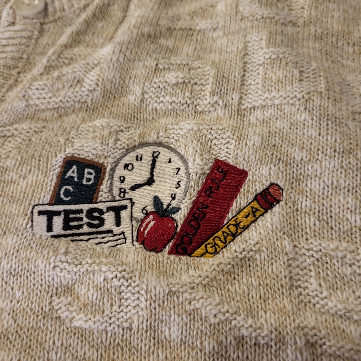 Vintage Teacher Alphabet Embossed Sweater Beige Embroidered Cardigan USA Made L