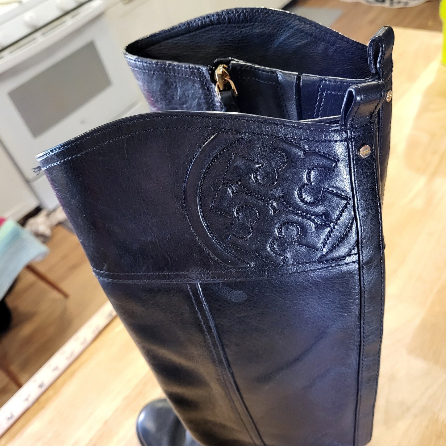 Tory Burch Black Leather Riding Boots Gold Hardware Embossed Stitched 8M