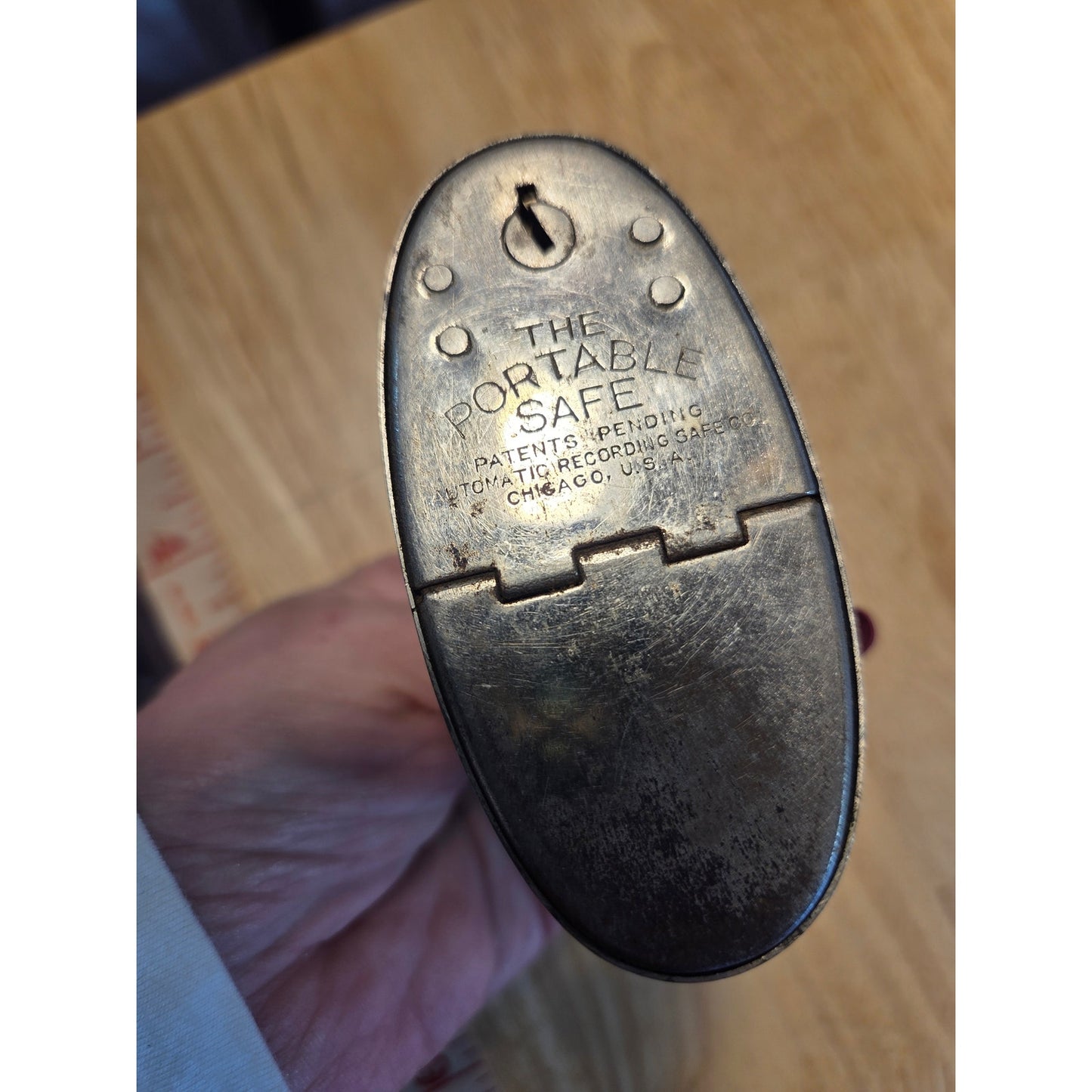 Vintage metal portable safe antique handle silver tone missing key